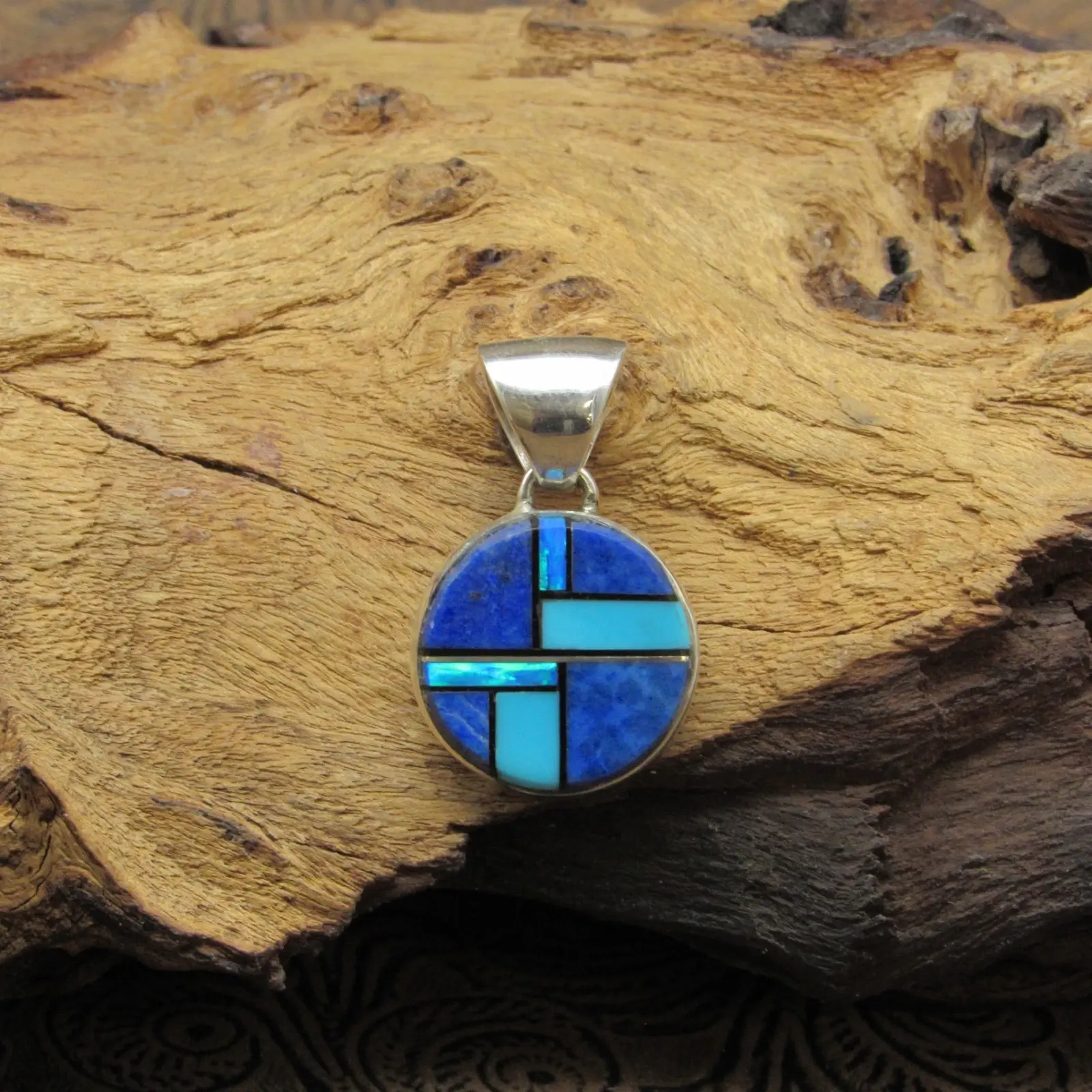 Multi Stone Inlay Sterling Silver Pendant