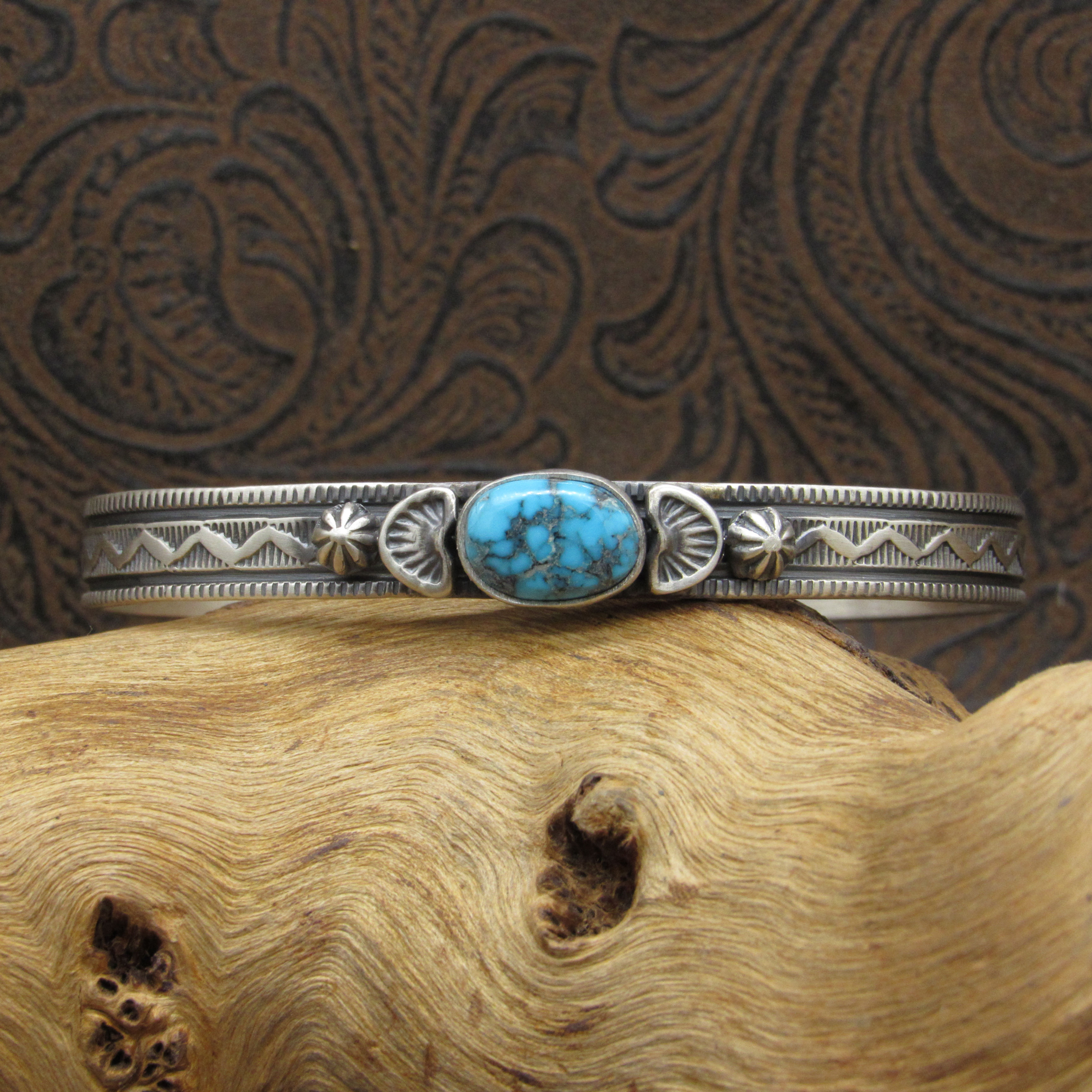 *Sterling Silver Satin Finish Navajo Turquoise Cuff Bracelet By Francis Melvin