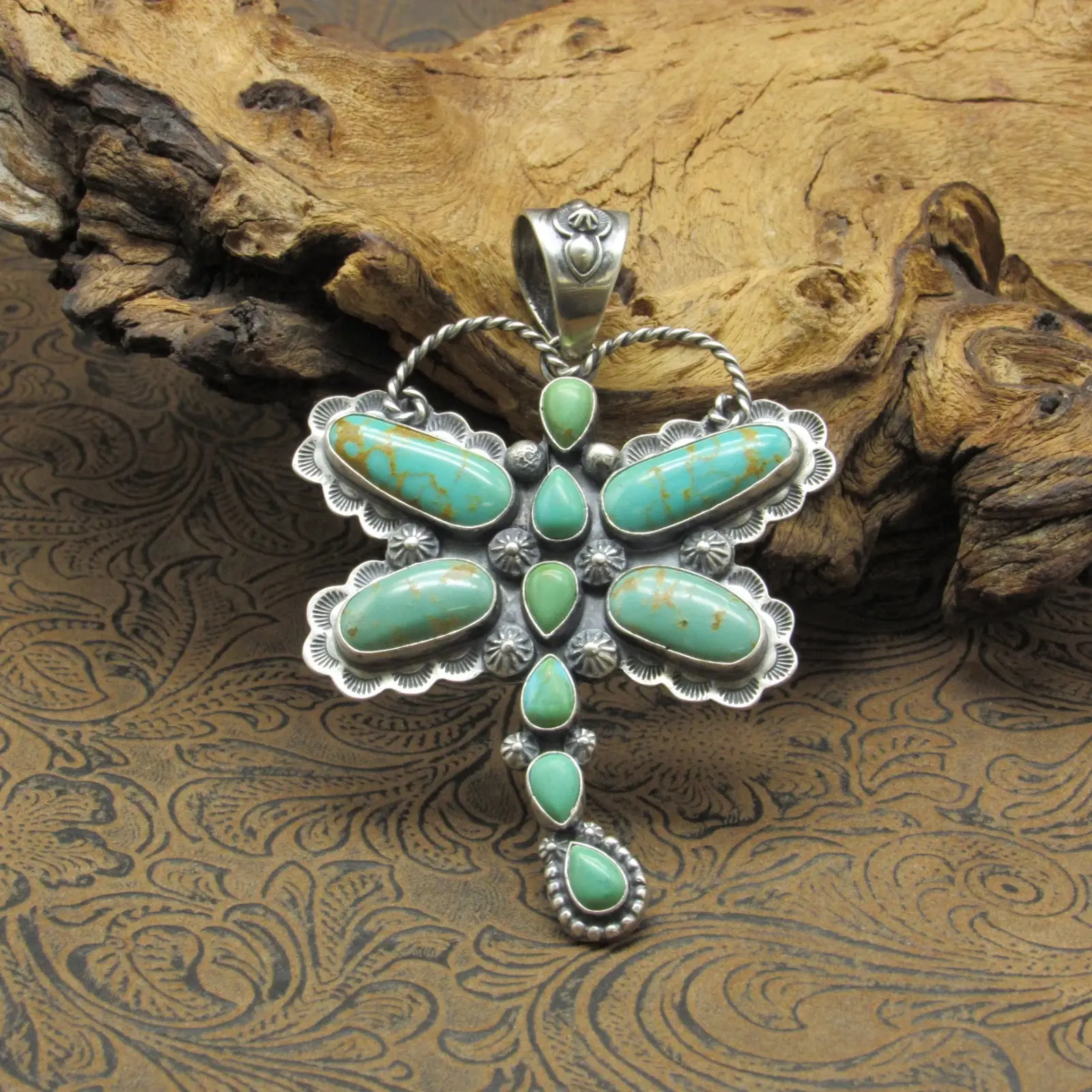 Large Green Turquoise Dragonfly Pendant By Navajo artist Alice McShirley