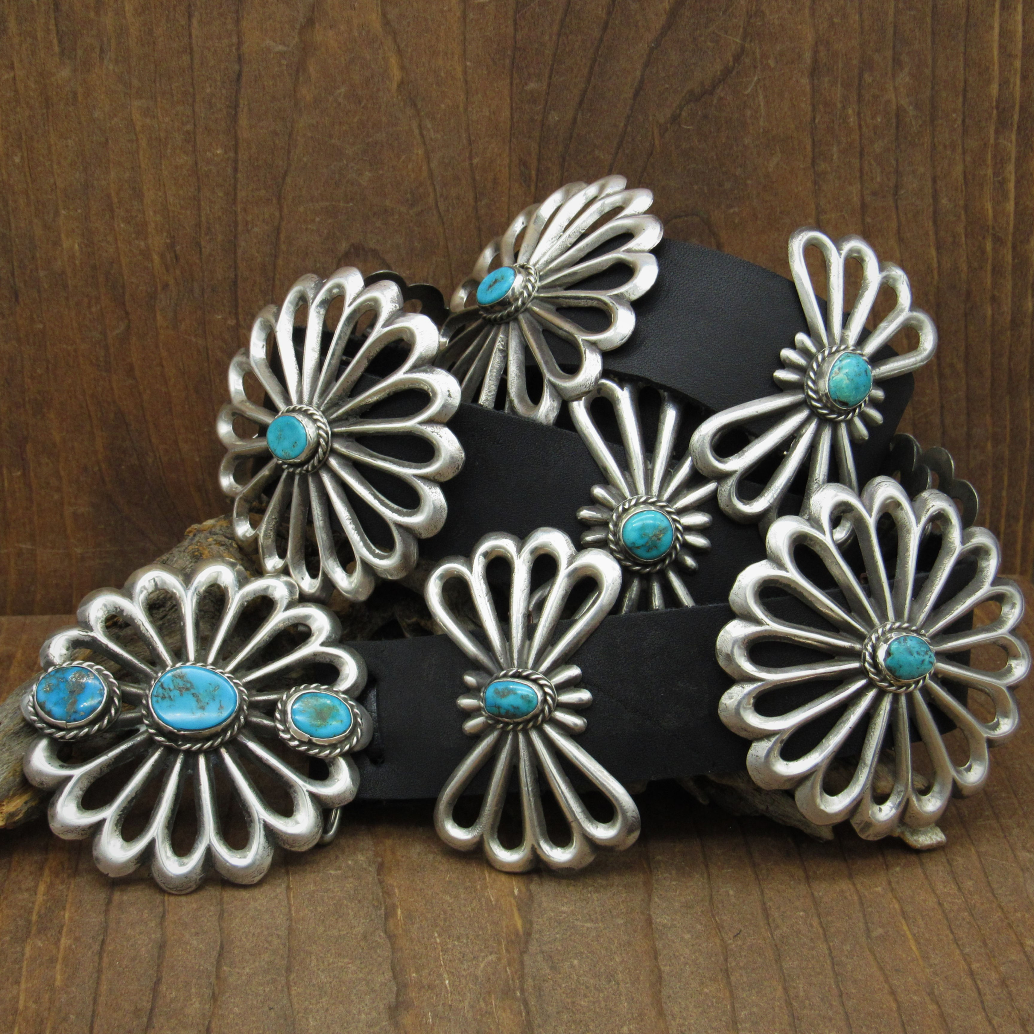 Vintage Cast Sterling Silver and Turquoise Concho Belt