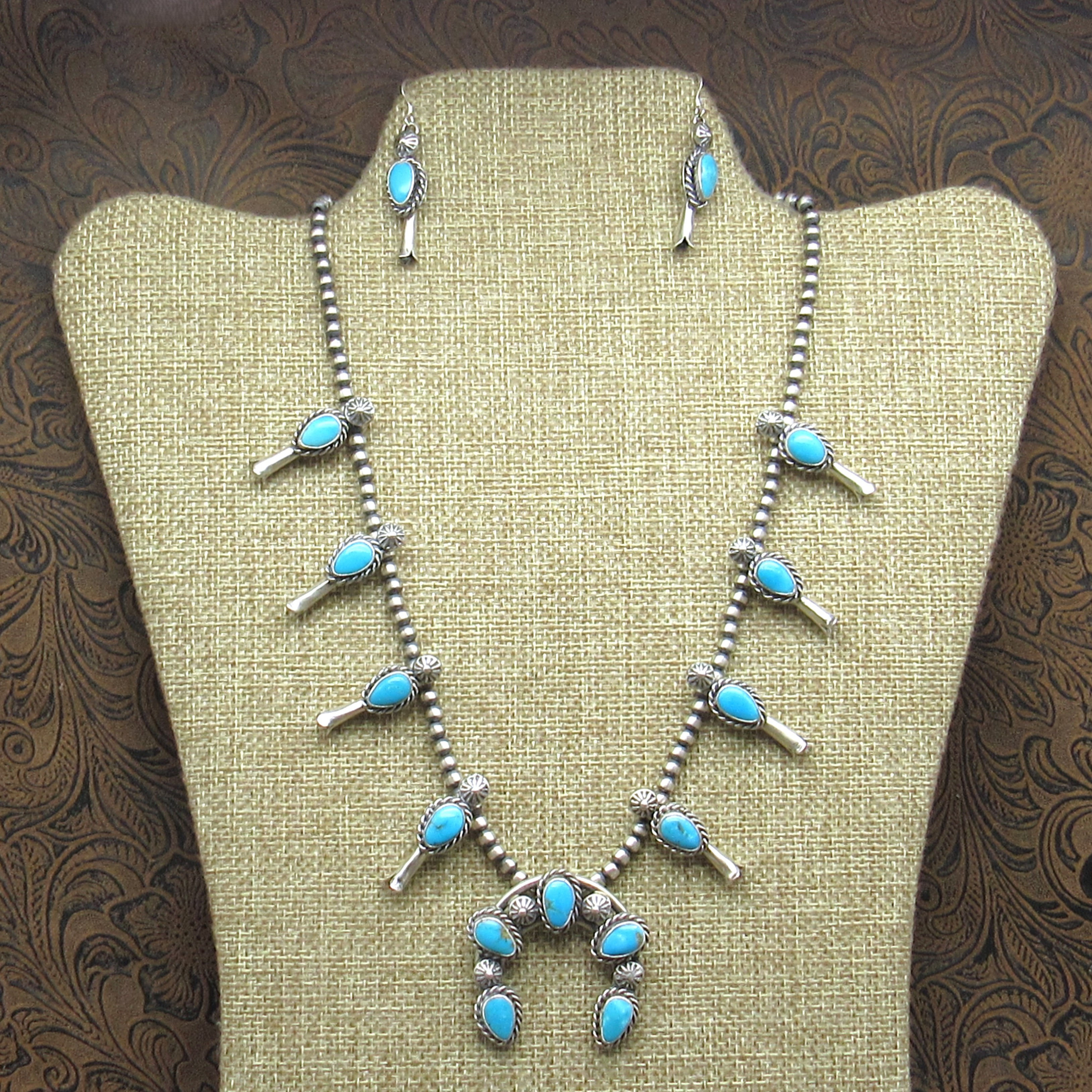 *Sterling Silver and Turquoise 4mm Bead Squash Blossom Necklace 2-Piece Set