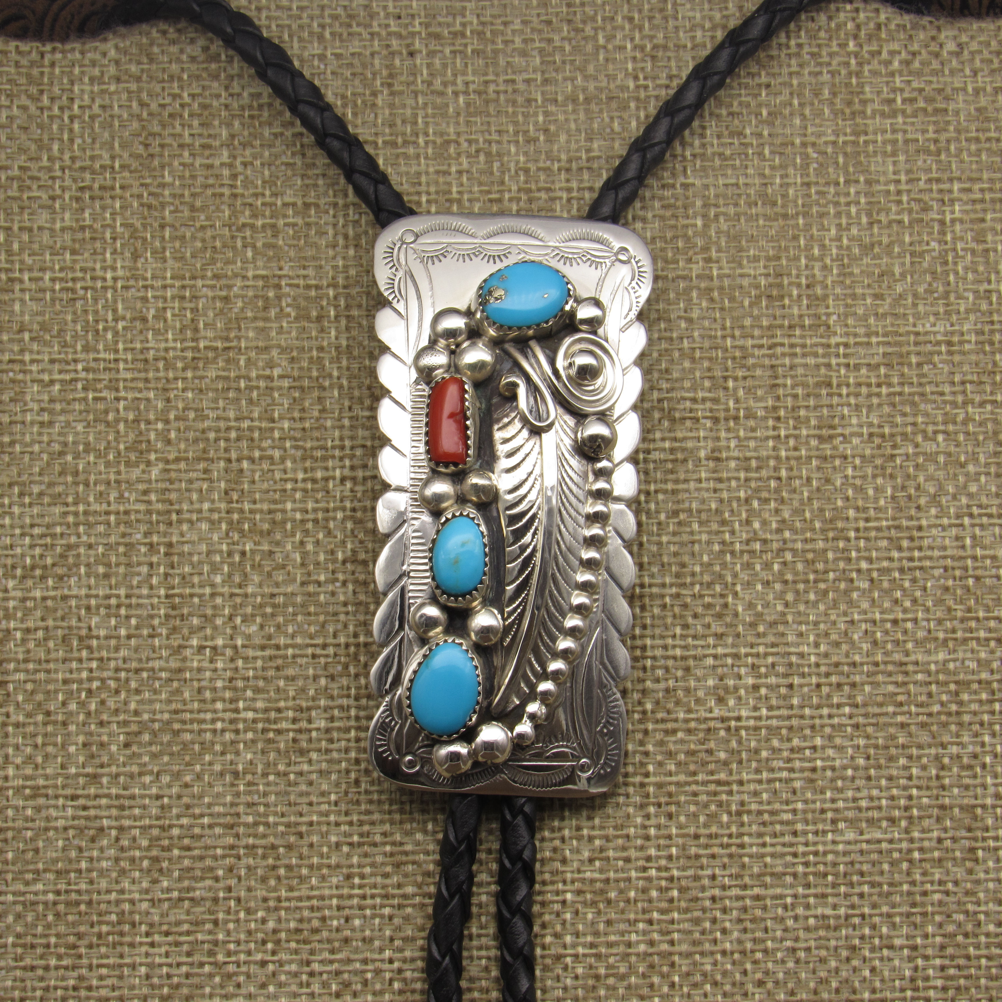 Handsome Navajo Turquoise Coral Sterling Silver Bolo Tie