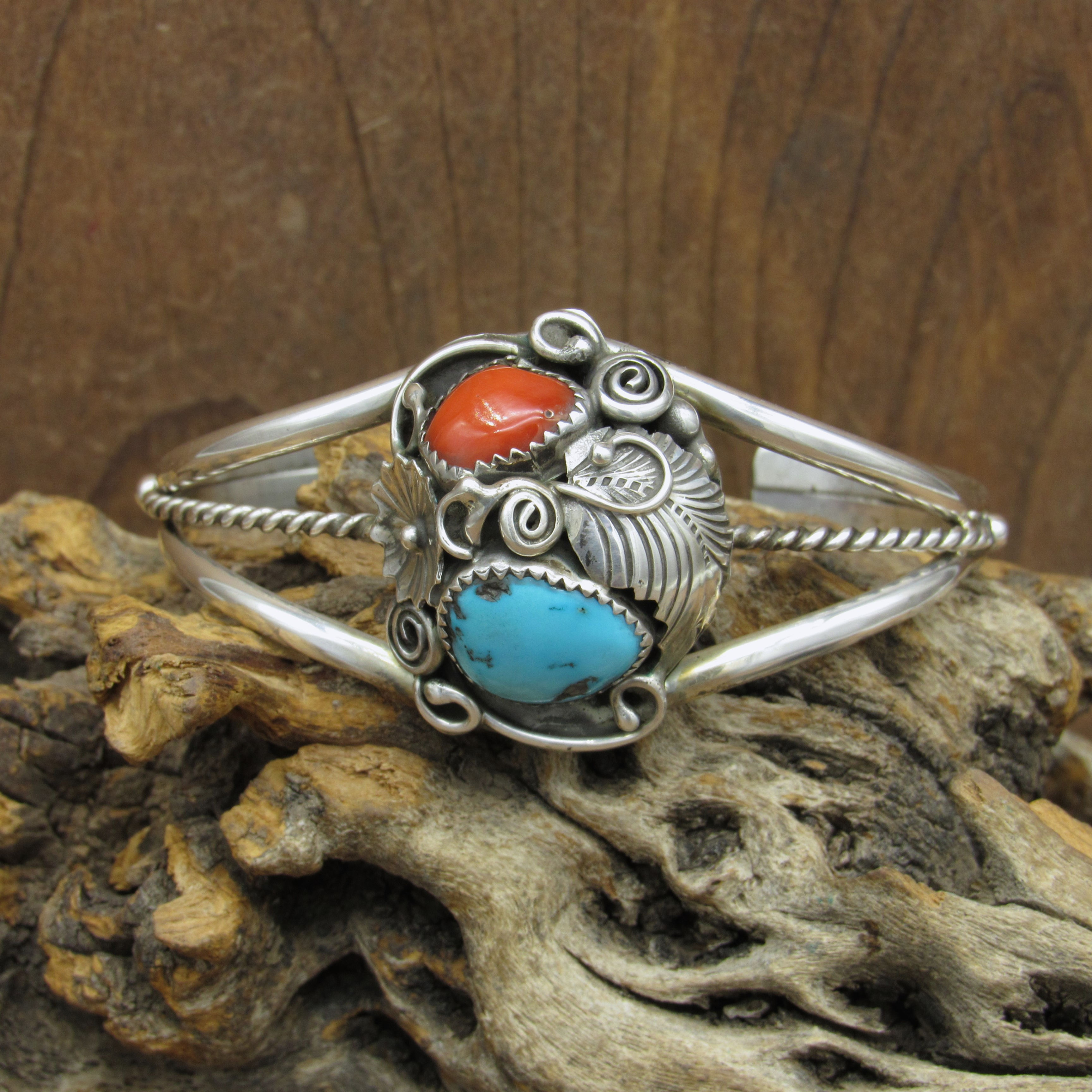 *Southwestern Sterling Silver, Turquoise and Coral Cuff Bracelet by J C