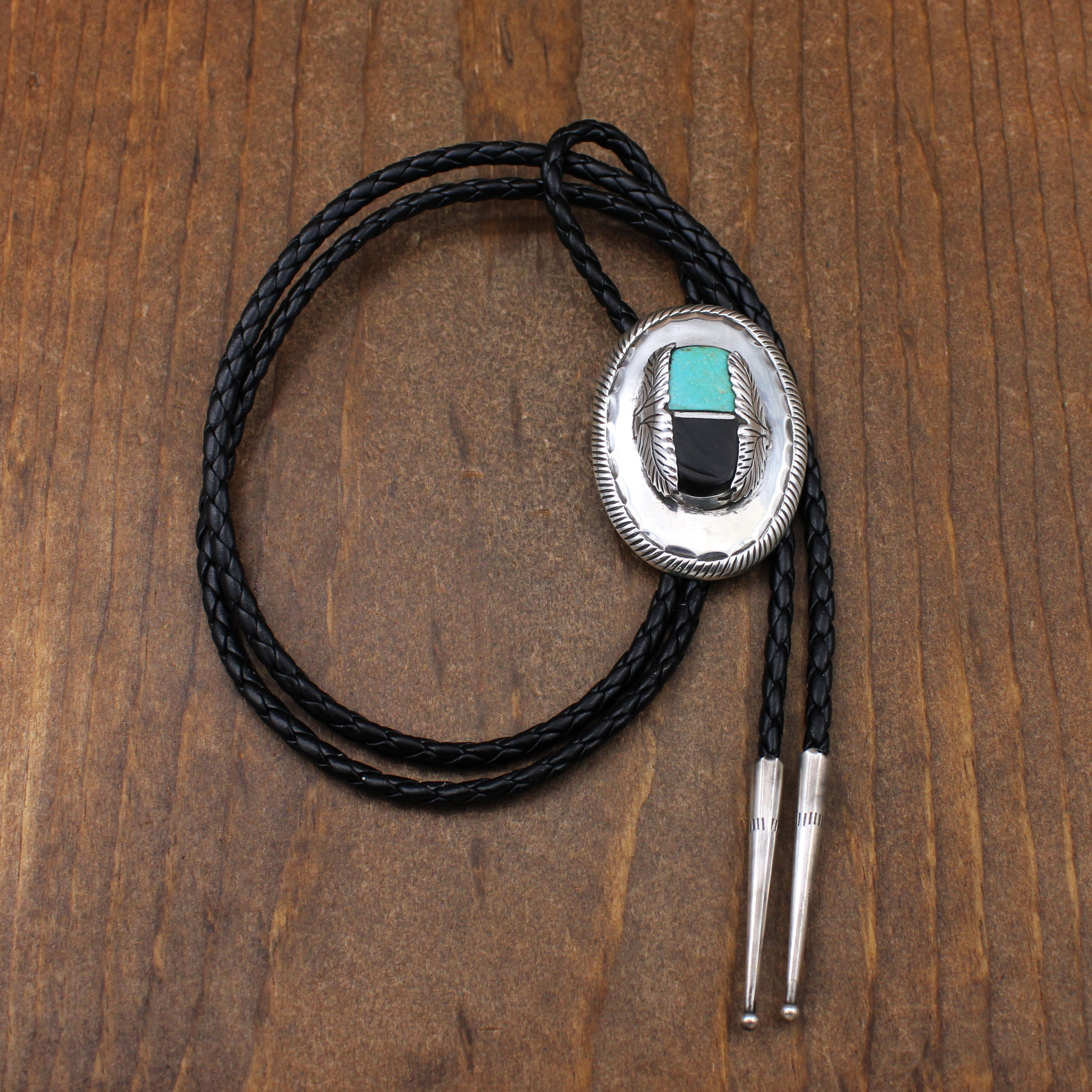 Vintage Sterling Silver Turquoise and Jet Oval Bolo Tie