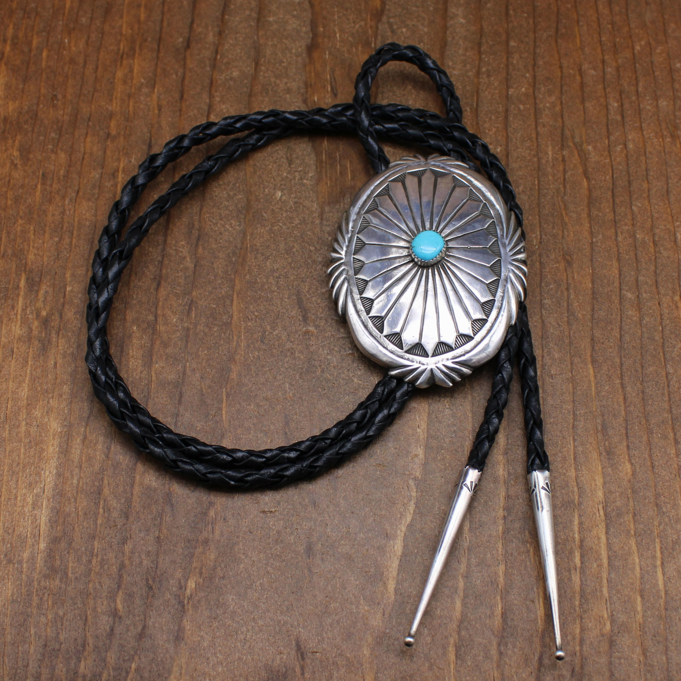 Southwestern Cast Sterling Silver and Turquoise Oval Bolo Tie