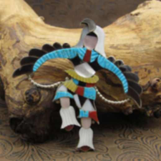 *Zuni Eagle Dancer Pin Pendant Turquoise Coral Jet Multi Stone Inlay