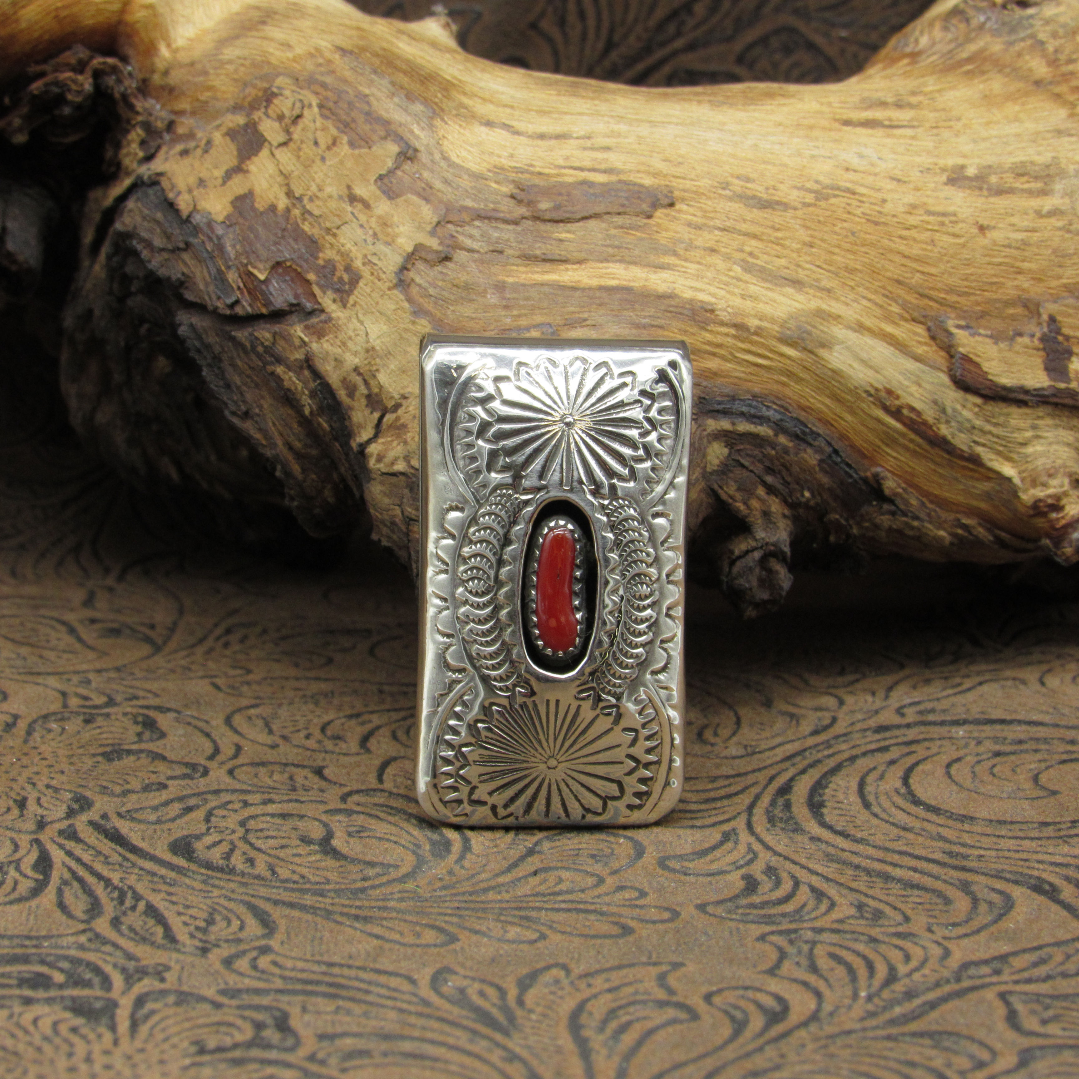 *Southwestern Sterling Silver Shadowbox With Coral Money Clip