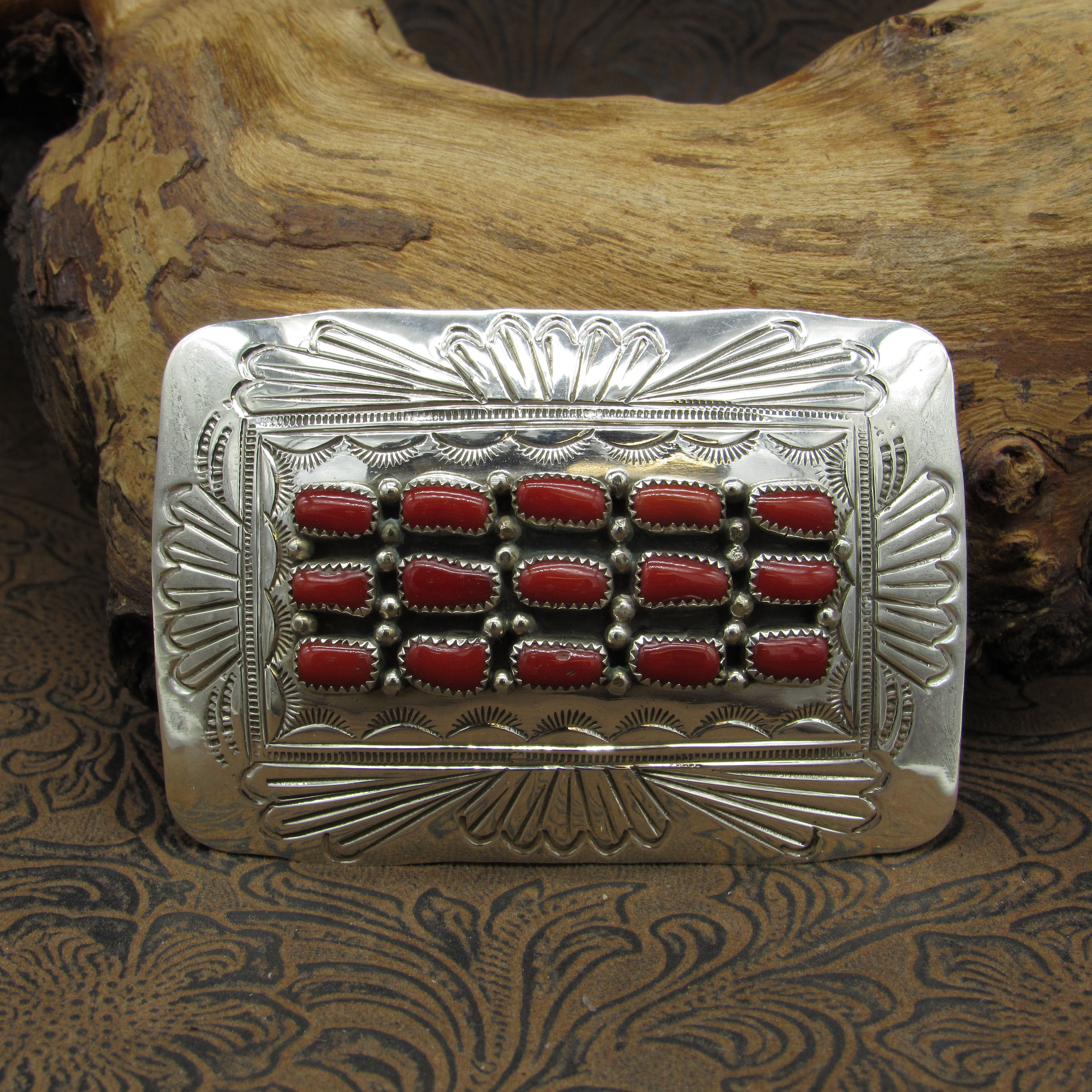 Sterling Silver Rectangle Coral Cluster Belt Buckle