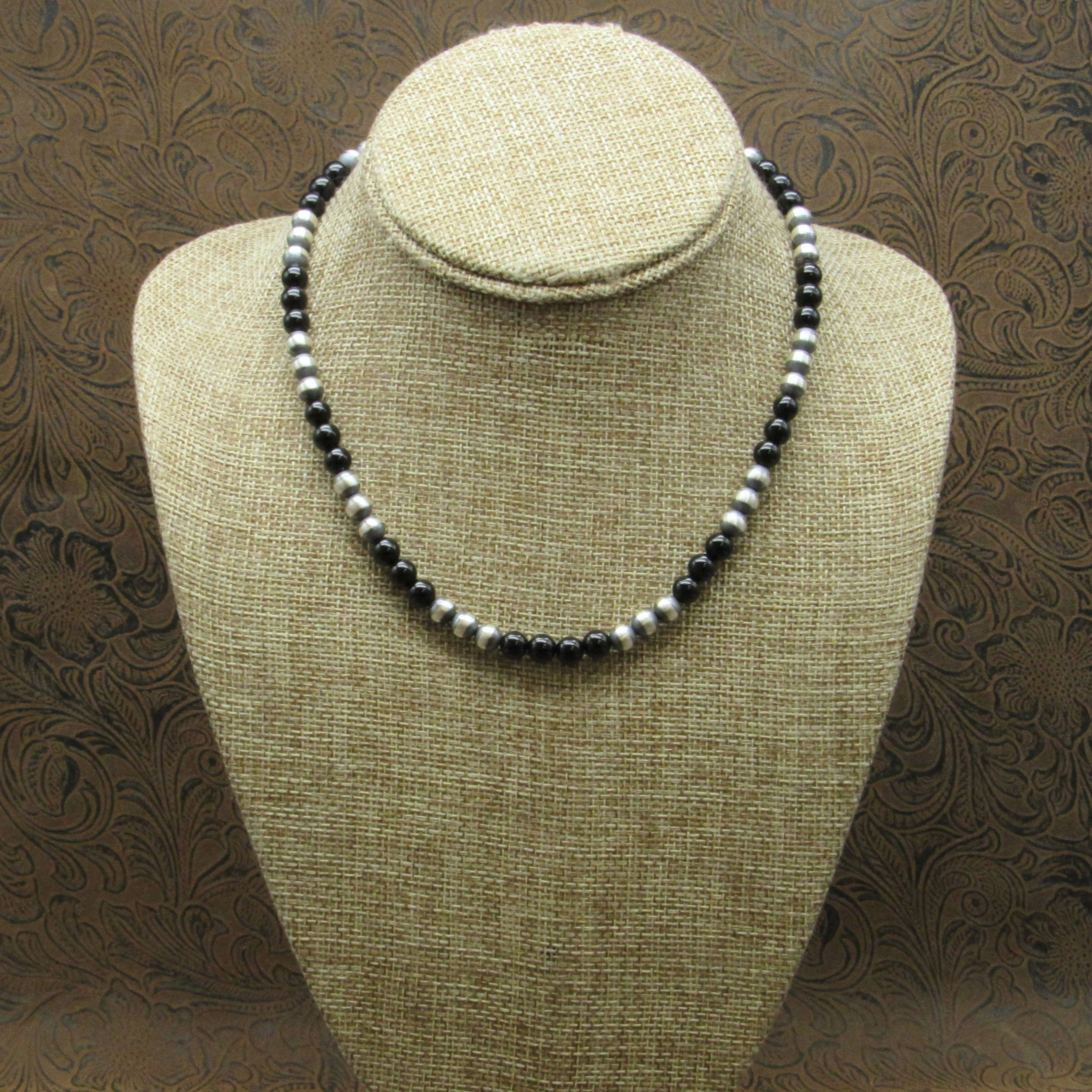 Rustic Oxidized Sterling Silver Onyx Beaded Necklace