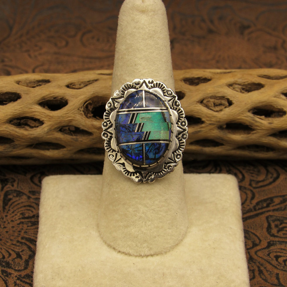 Sterling Silver Lab Opal Inlay Ladies Ring Size 8 1/4