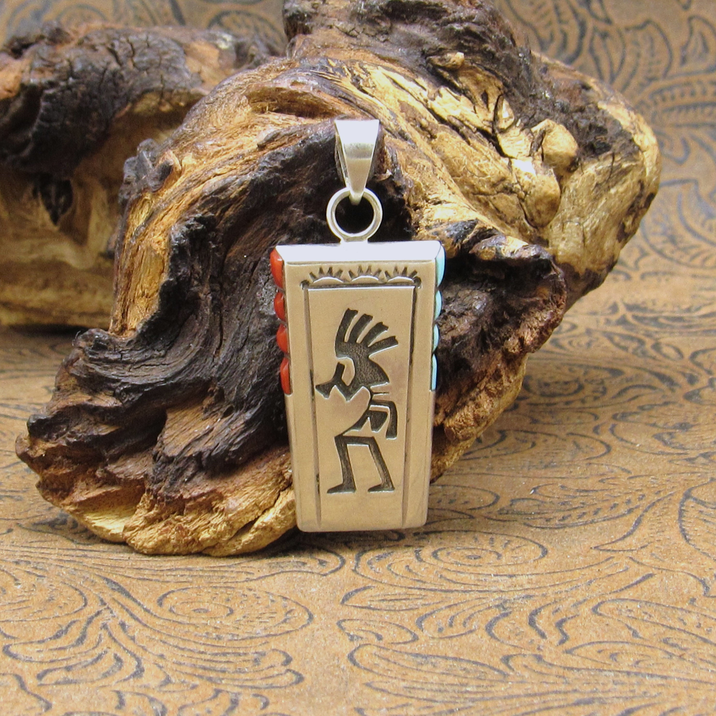 Turquoise And Coral Sterling Silver Satin Finish Kokopelli Pendant