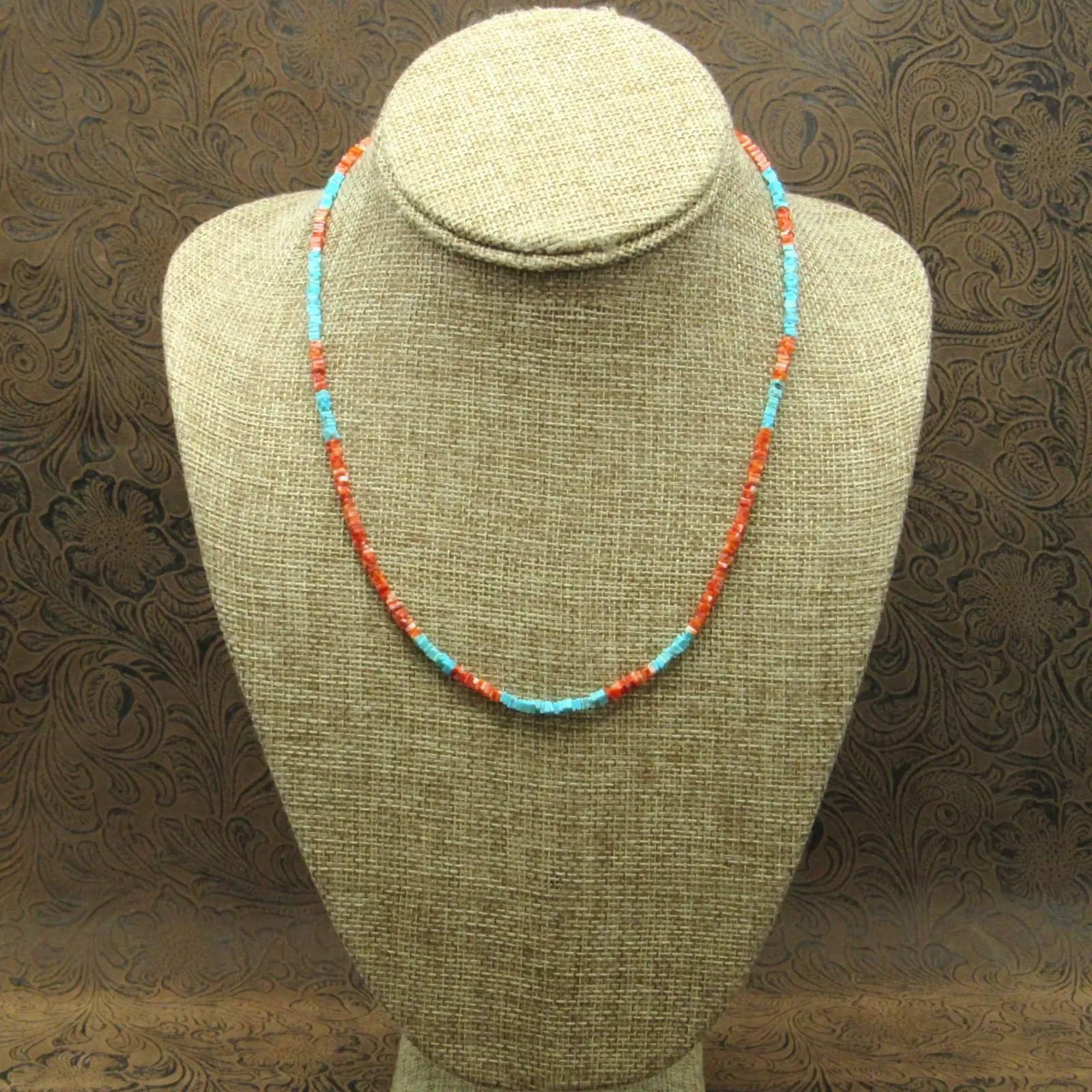 Turquoise and Spiny Oyster Block Bead Necklace