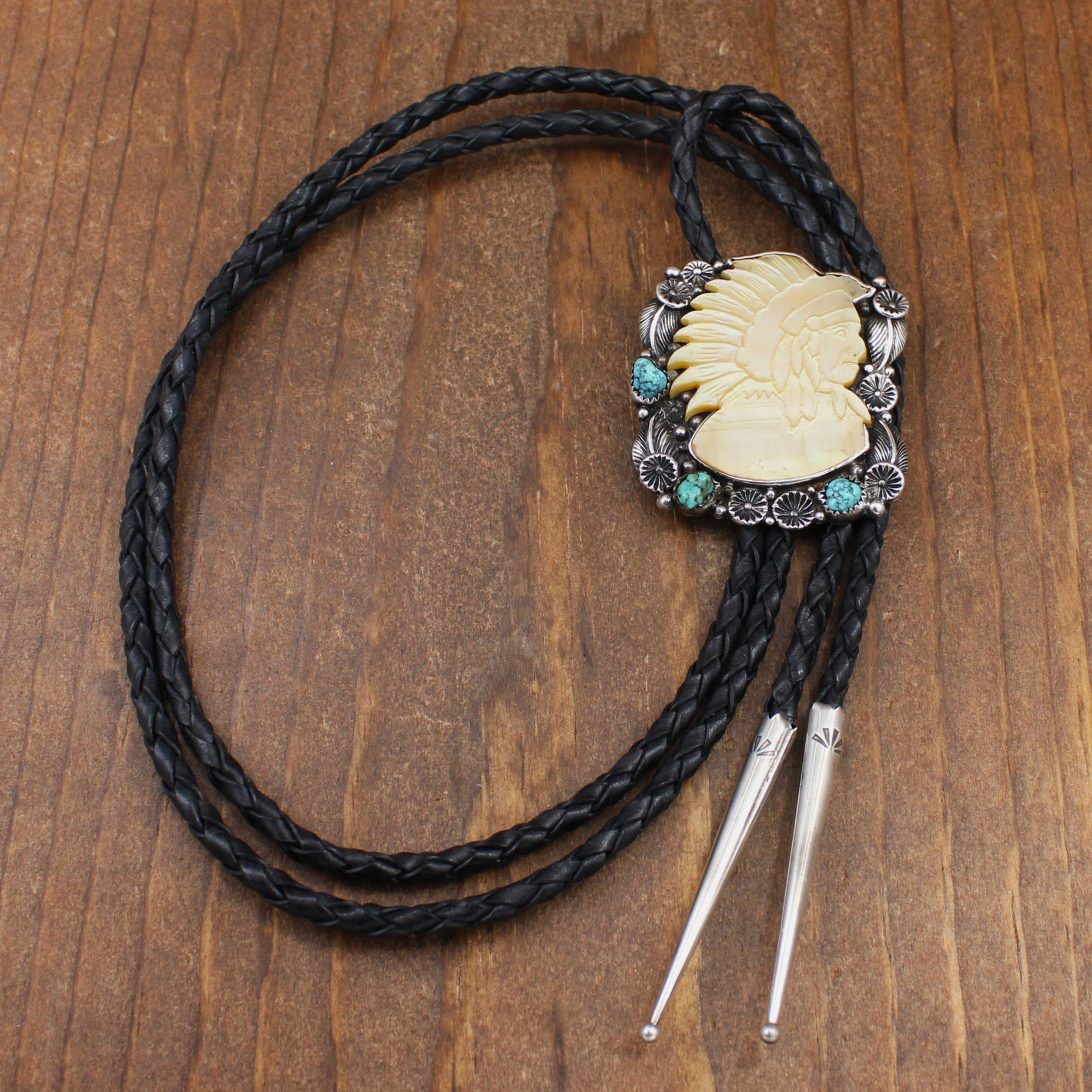 Abalone Chief Sterling Silver and Turquoise Bolo Tie by N. Walley and B. Manning
