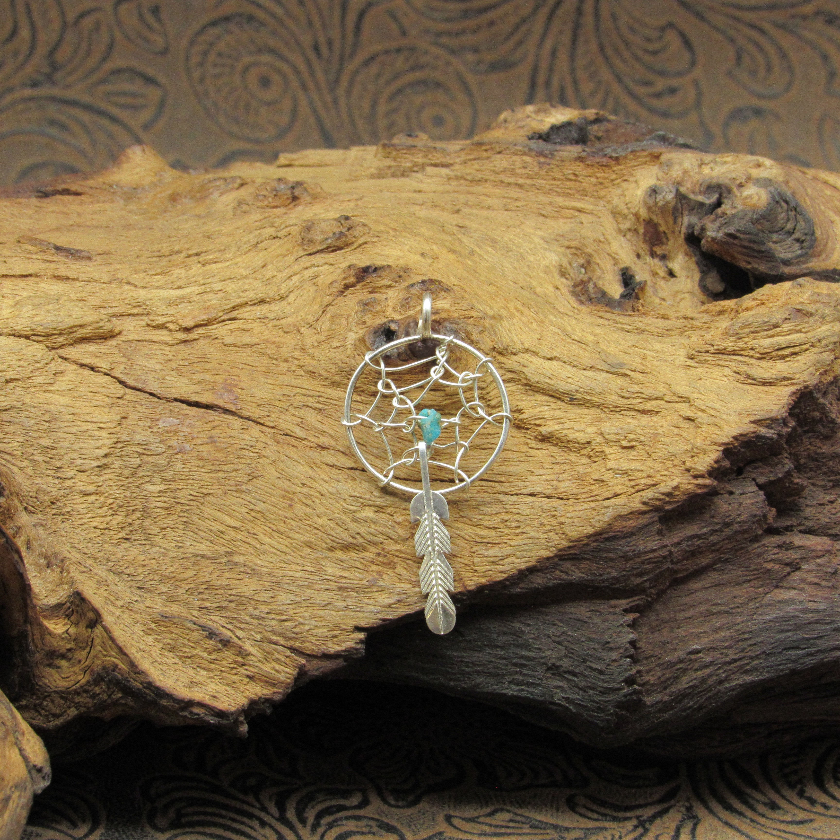 Sterling Silver Dreamcatcher Pendant with Turquoise Nugget and Feather