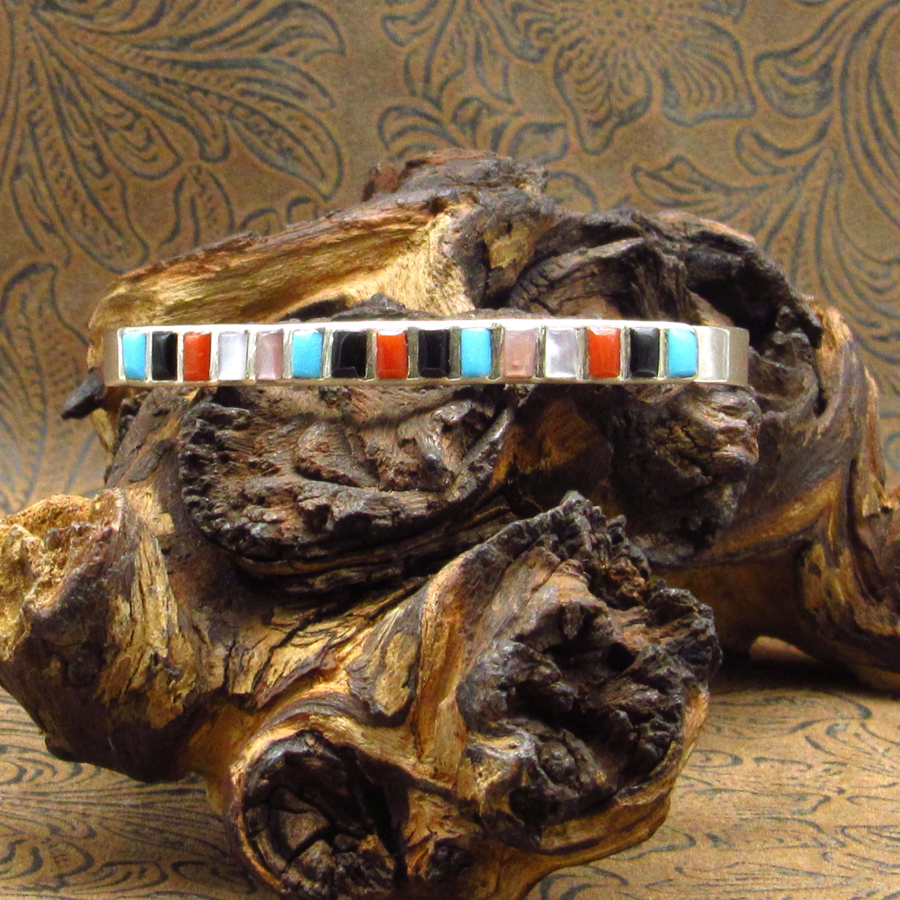 Cobblestone Inlay Multi Stone Sterling Silver Cuff Bracelet