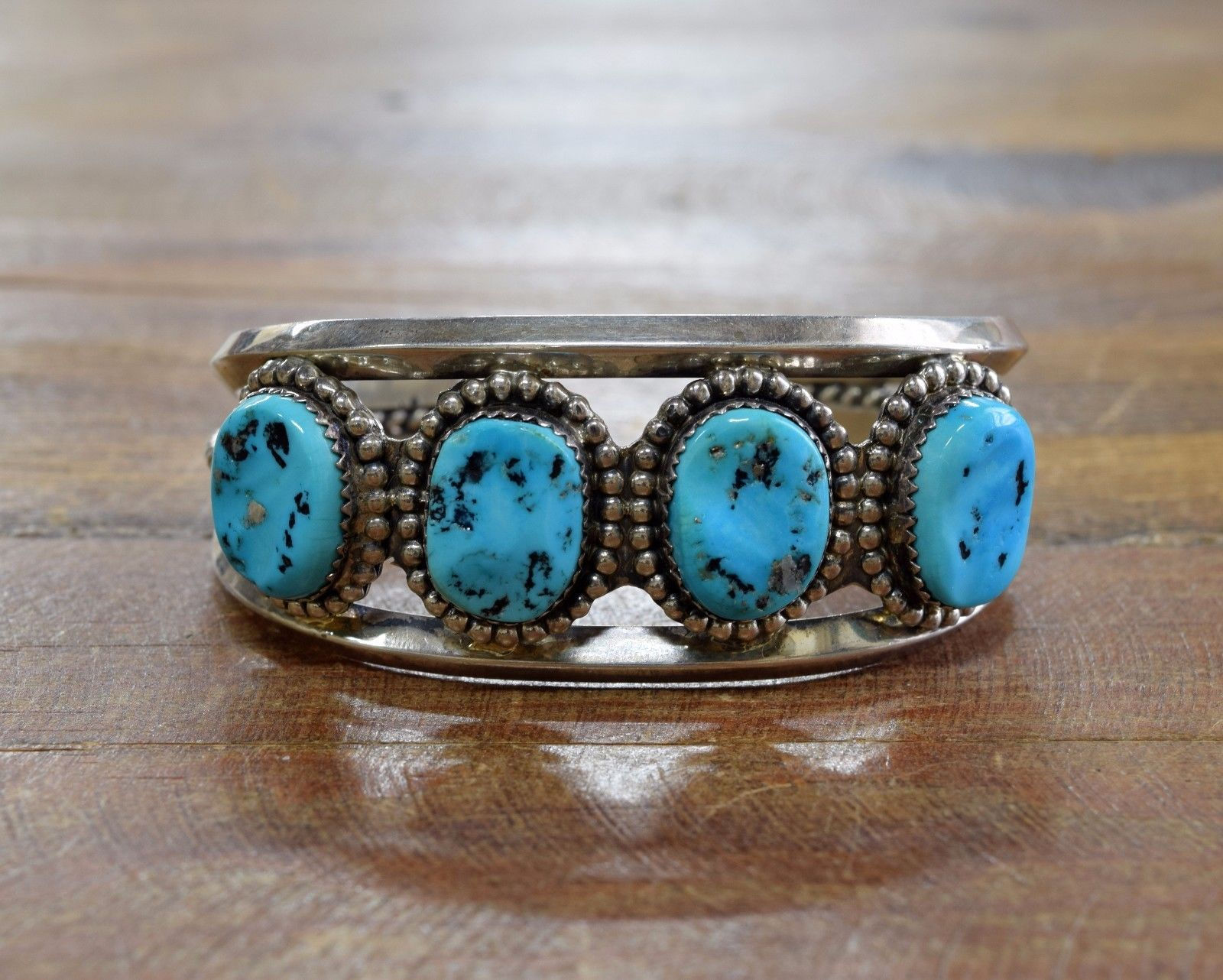 Vintage Navajo Sterling Silver And Four Stone Turquoise Cuff Bracelet