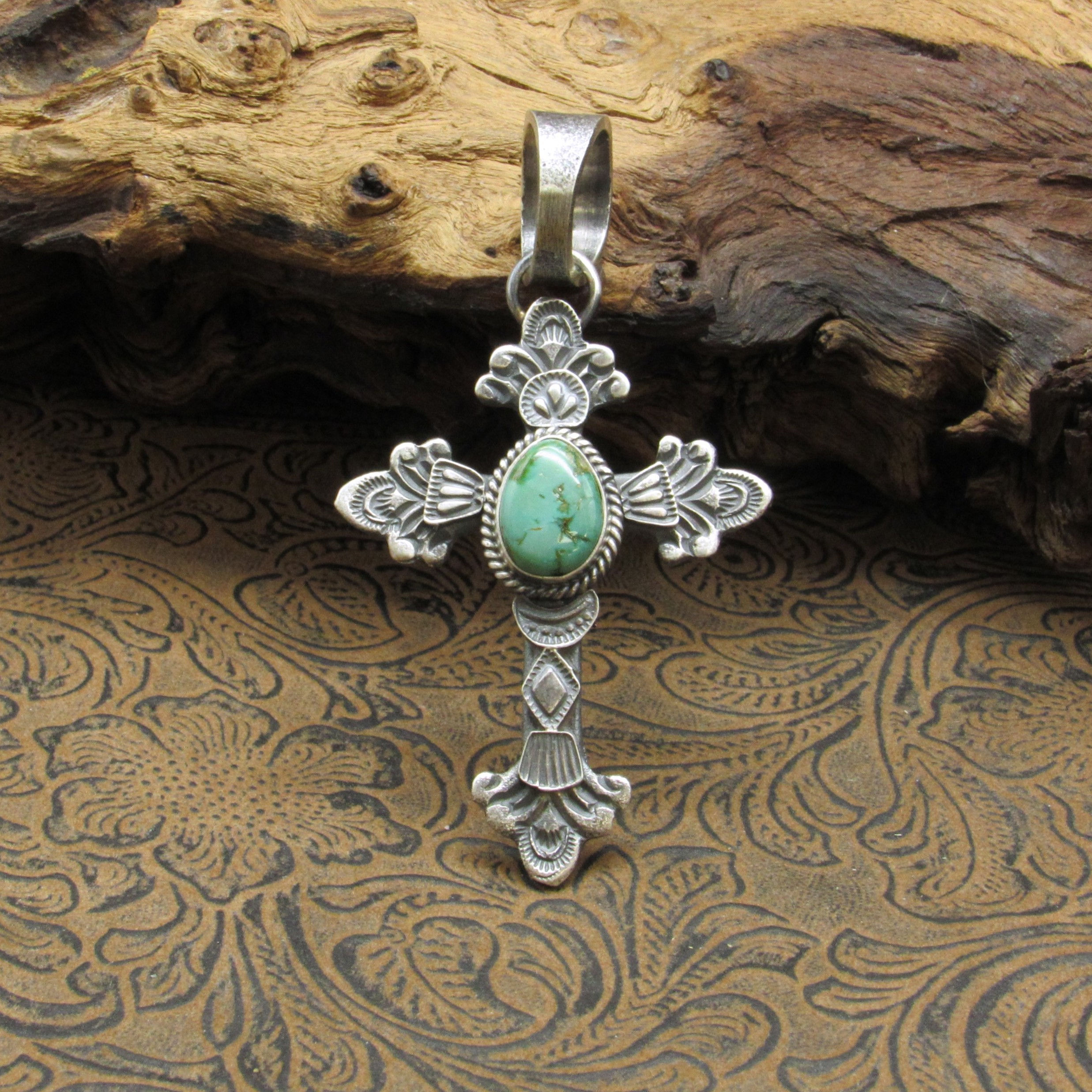 Sterling Silver and Green Turquoise Cross Pendant by Navajo Kevin Billah