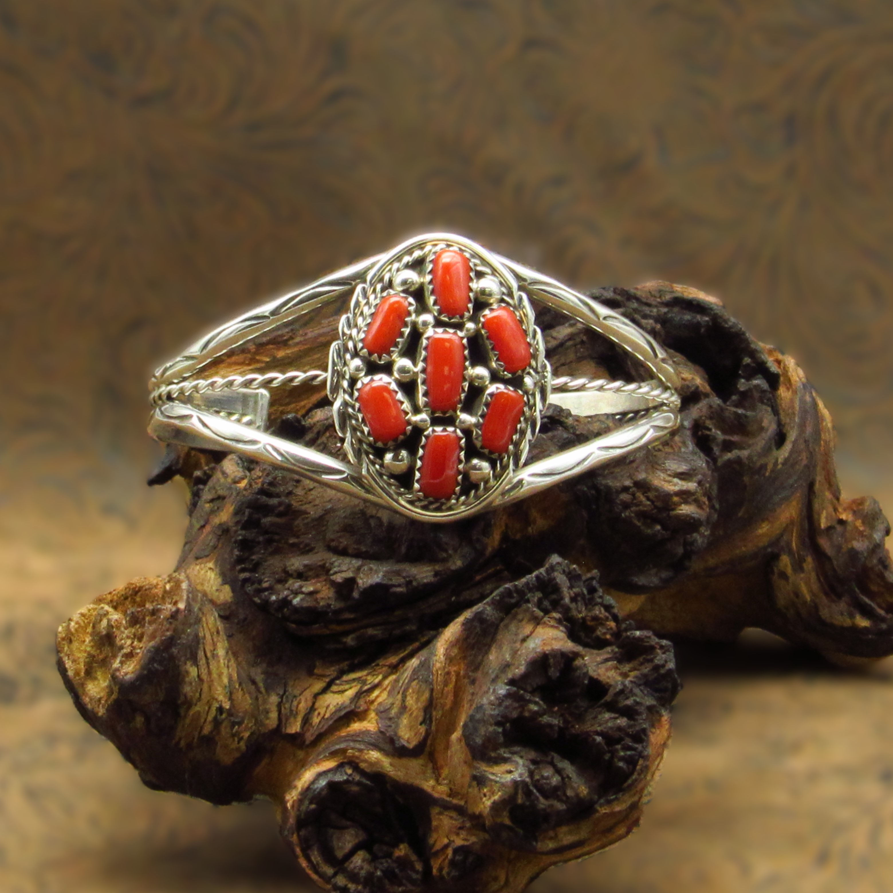 Coral Cluster Hand Stamped Sterling Silver Cuff Bracelet