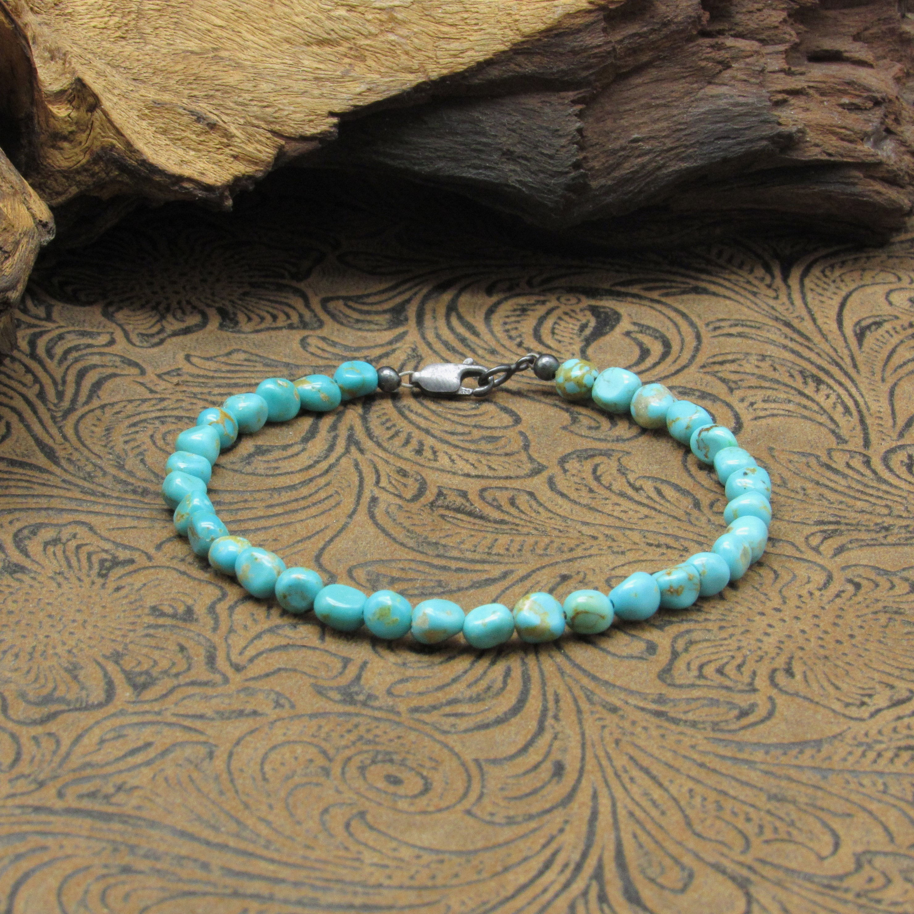 Turquoise Nugget Beaded Bracelet with Sterling Silver Clasp 8"