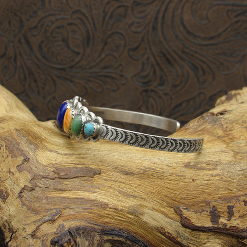 Navajo Multi-Stone Intricately Stamped Sterling Silver Cuff By