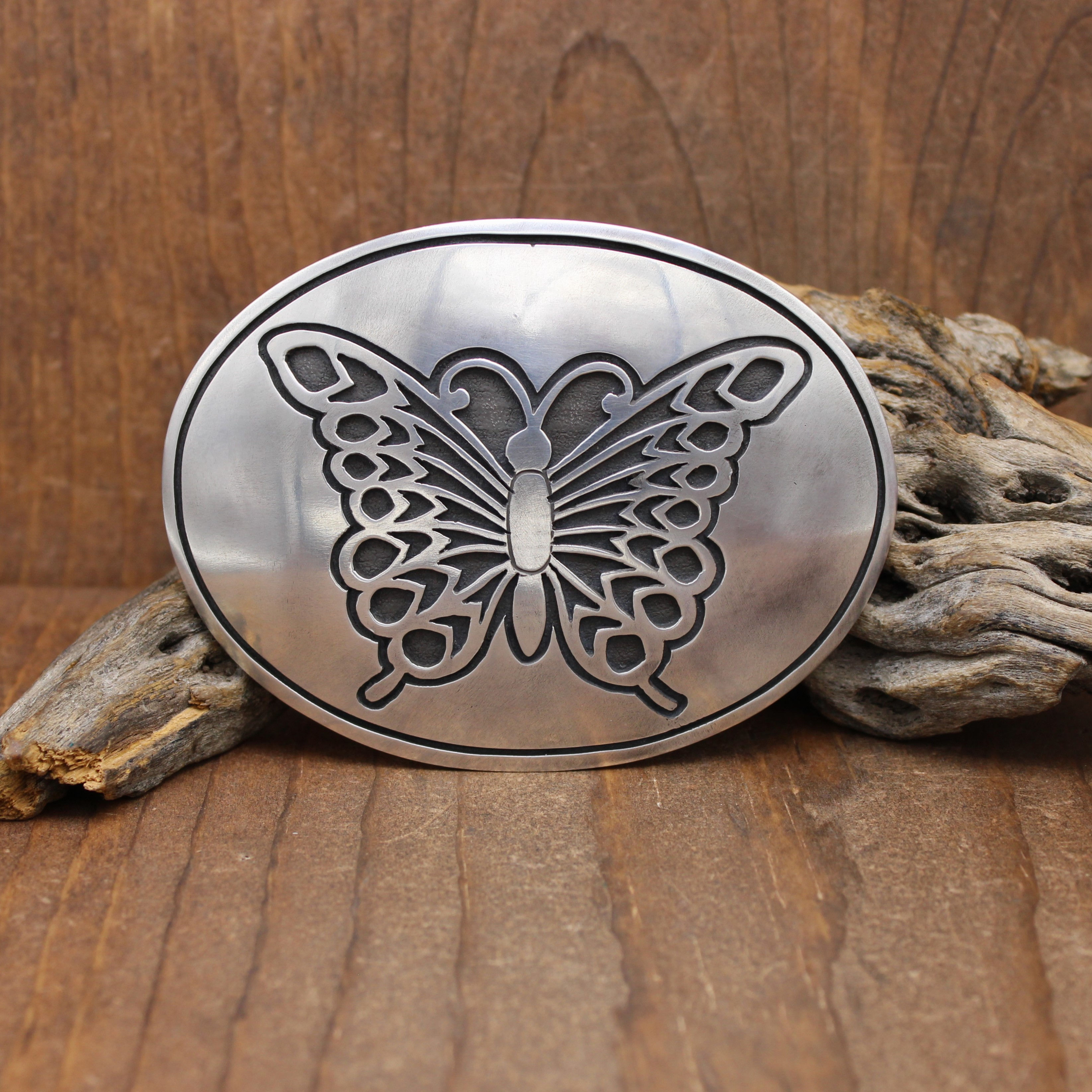 Large Oval Sterling Silver Handmade Butterfly Belt Buckle