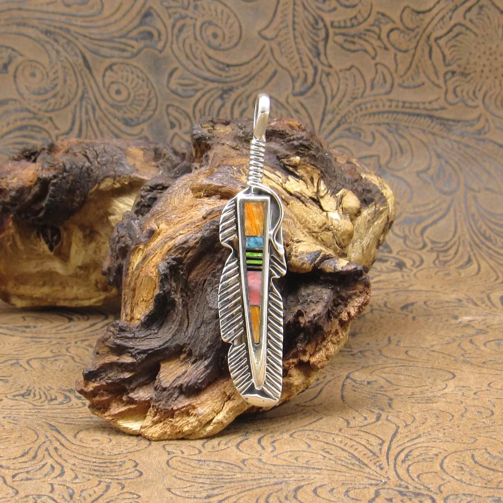 Multi-Stone and Sterling Silver Feather Inlay Pendant