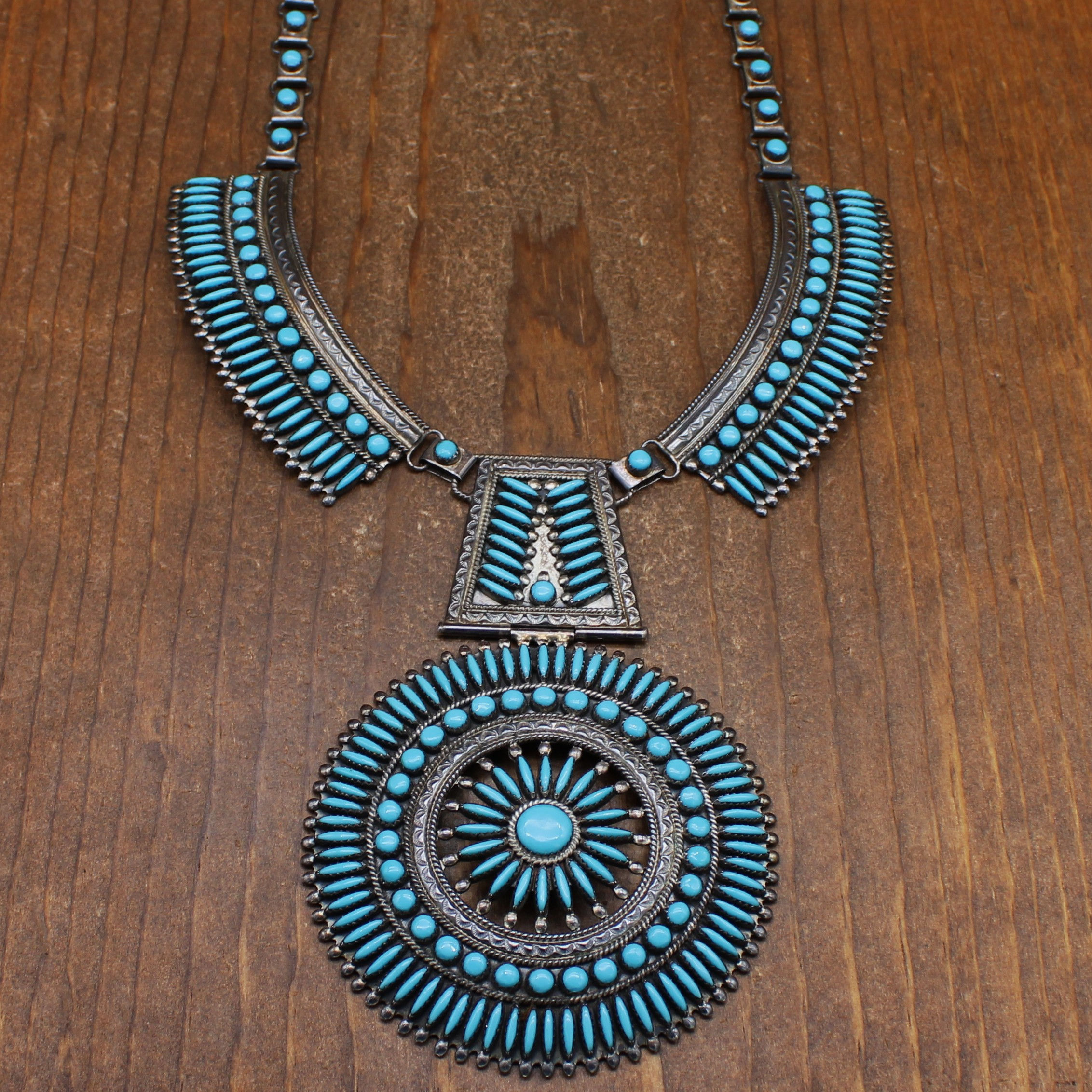 Sterling Silver Block Turquoise Needlepoint Necklace by Navajo Francis M. Begay