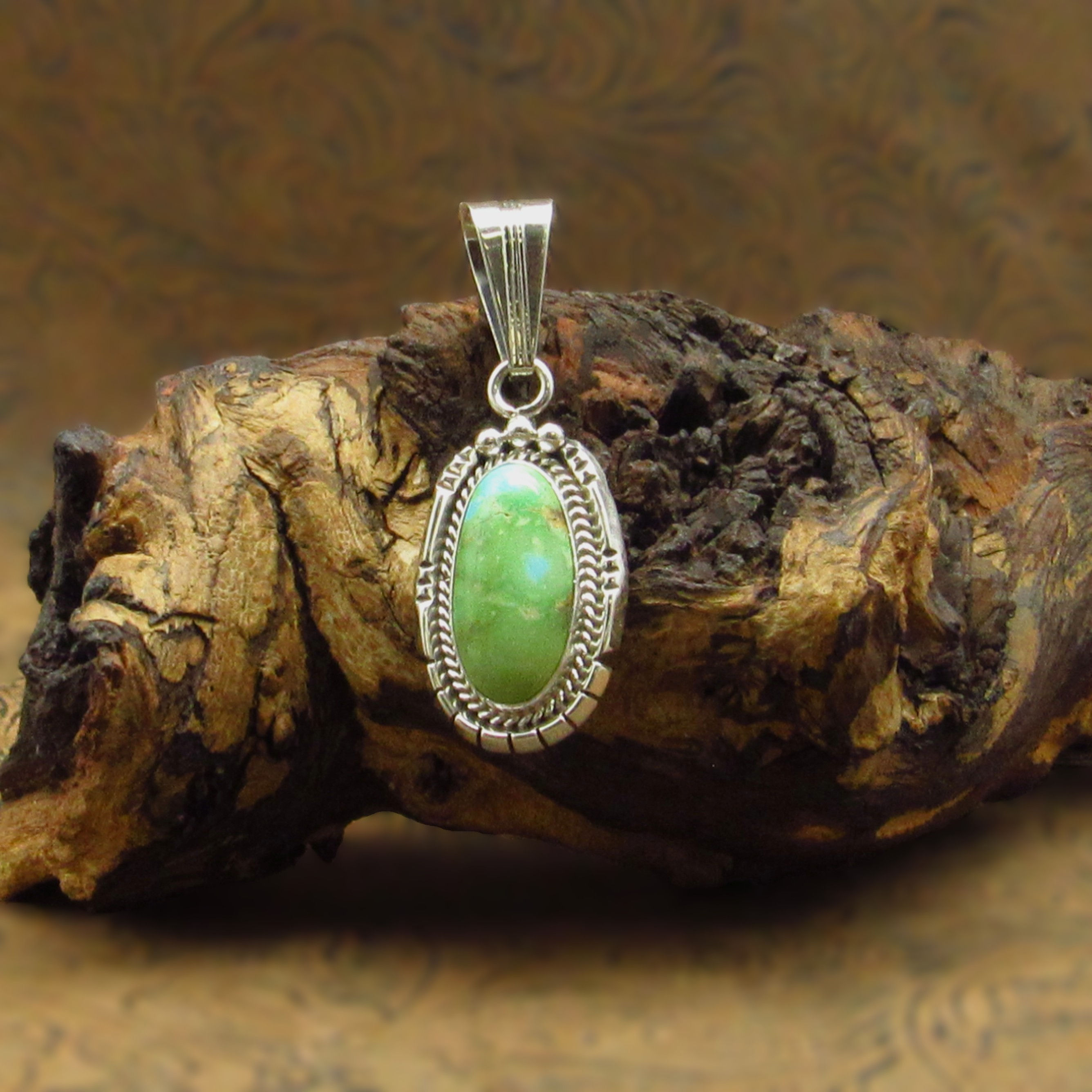 Sterling Silver Long Oval Green Blue Turquoise Pendant
