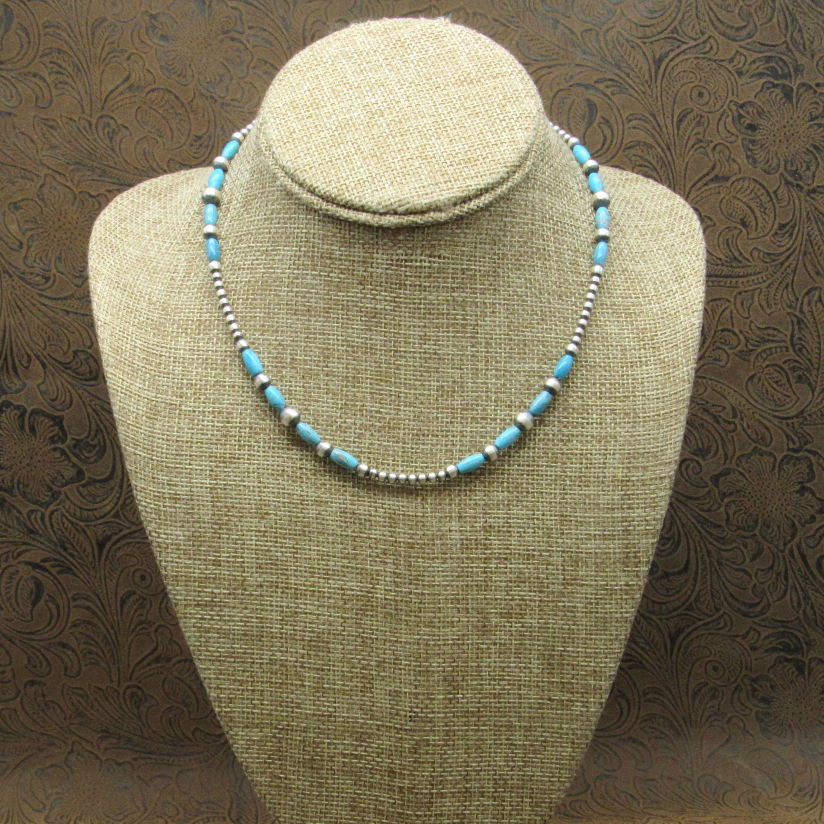 Turquoise And Oxidized Sterling Silver Beaded Necklace