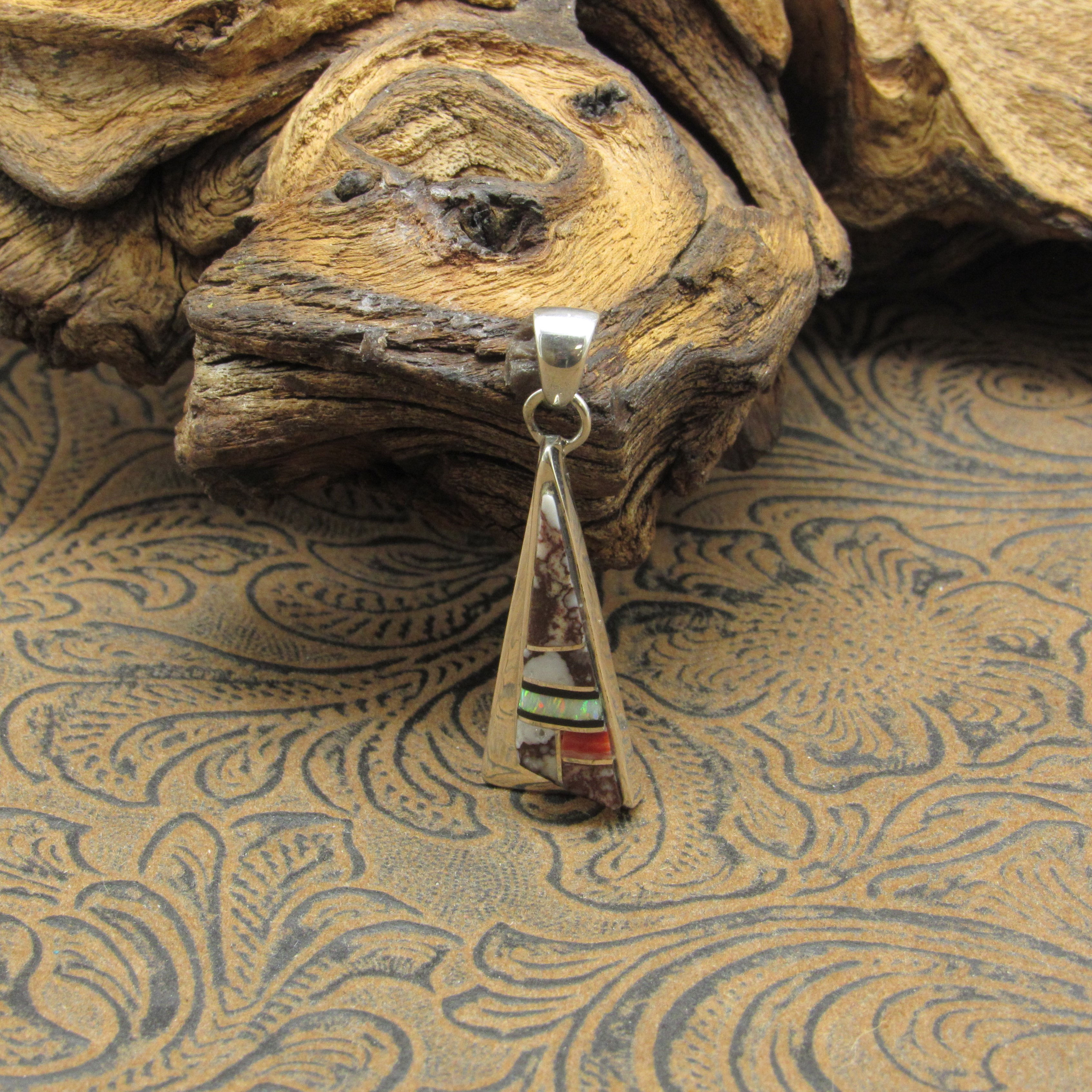 Multi Stone Inlay Triangular Design Sterling Silver Pendant