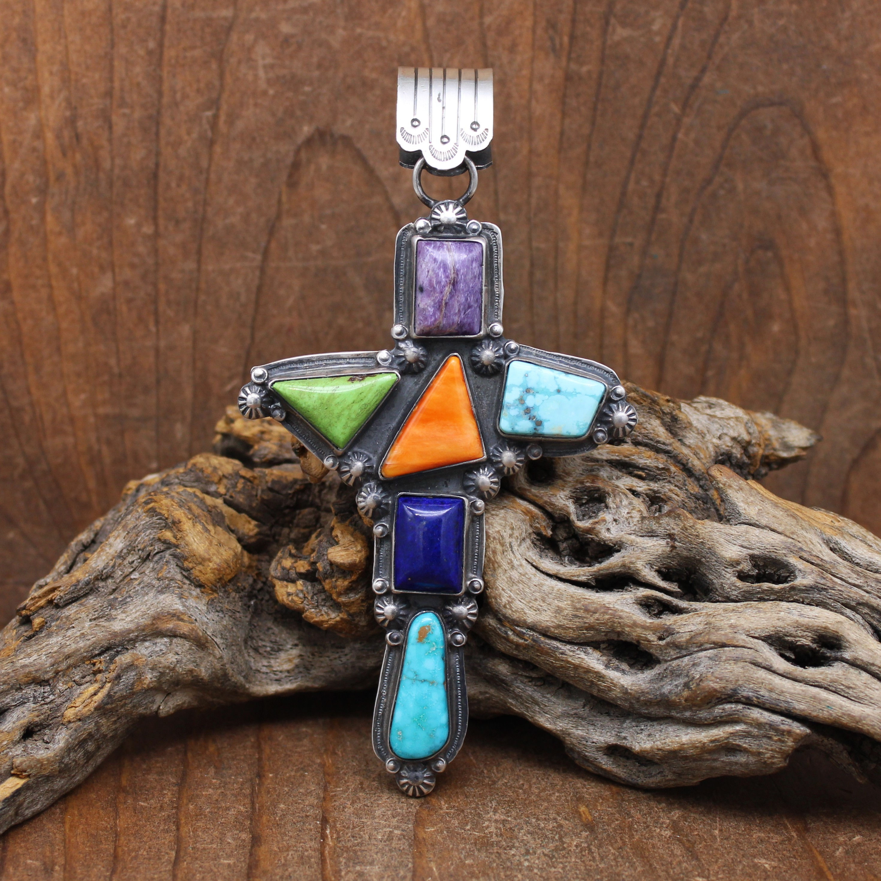 Large Navajo Sterling Silver Multi-Stone Cross Pendant