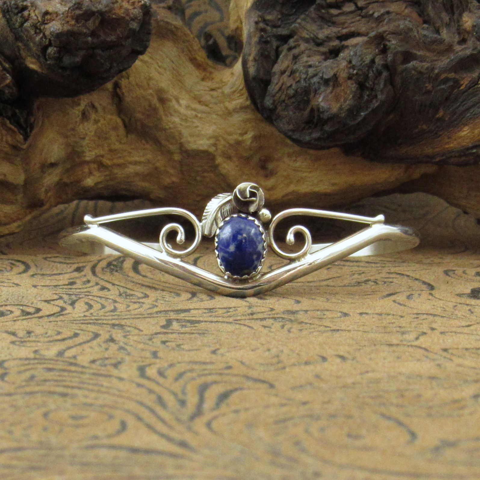 Sterling Silver V Shaped Cuff Bracelet With Lapis Stone And Silver Rose