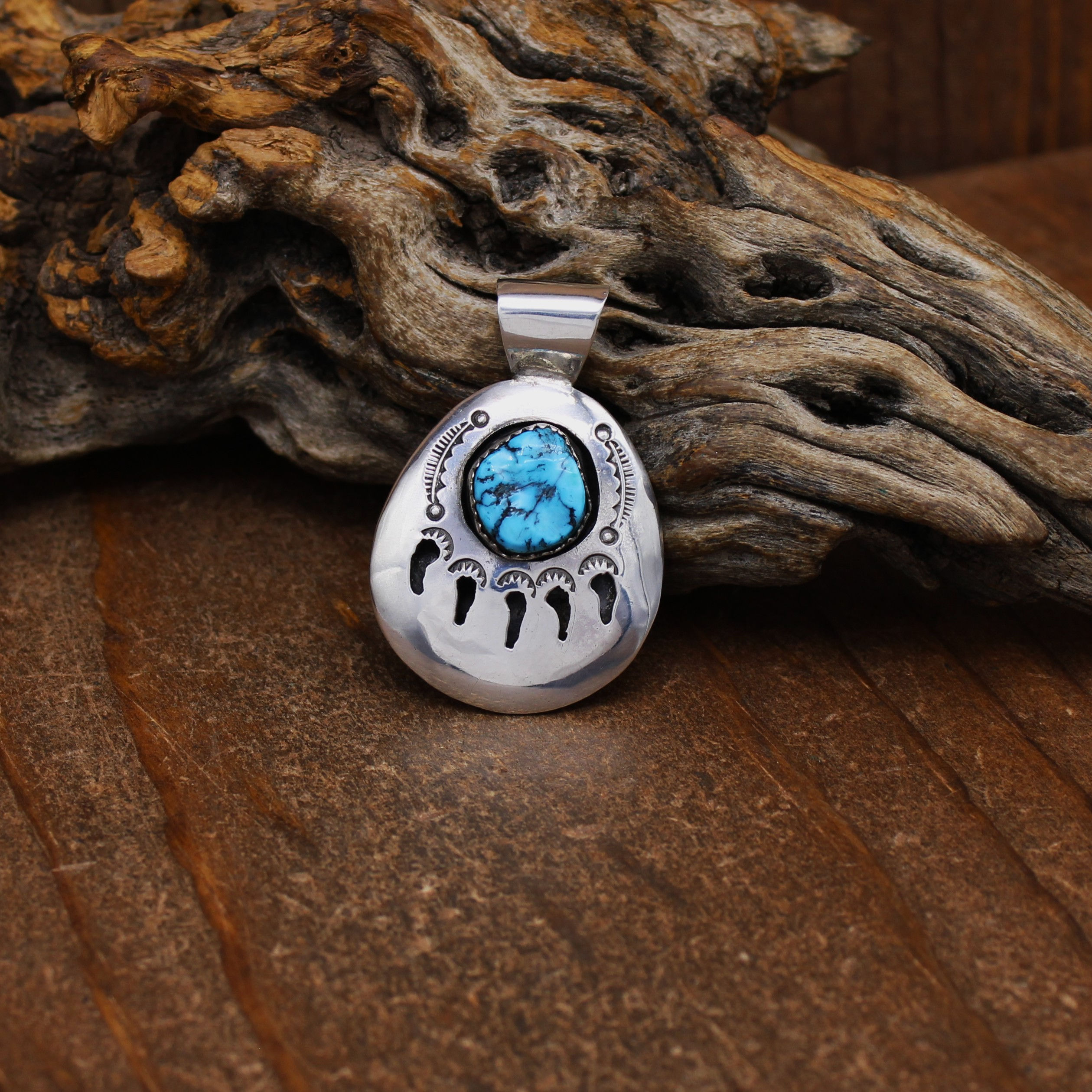 Sterling Silver Turquoise Shadow Box Bear Paw Pendant