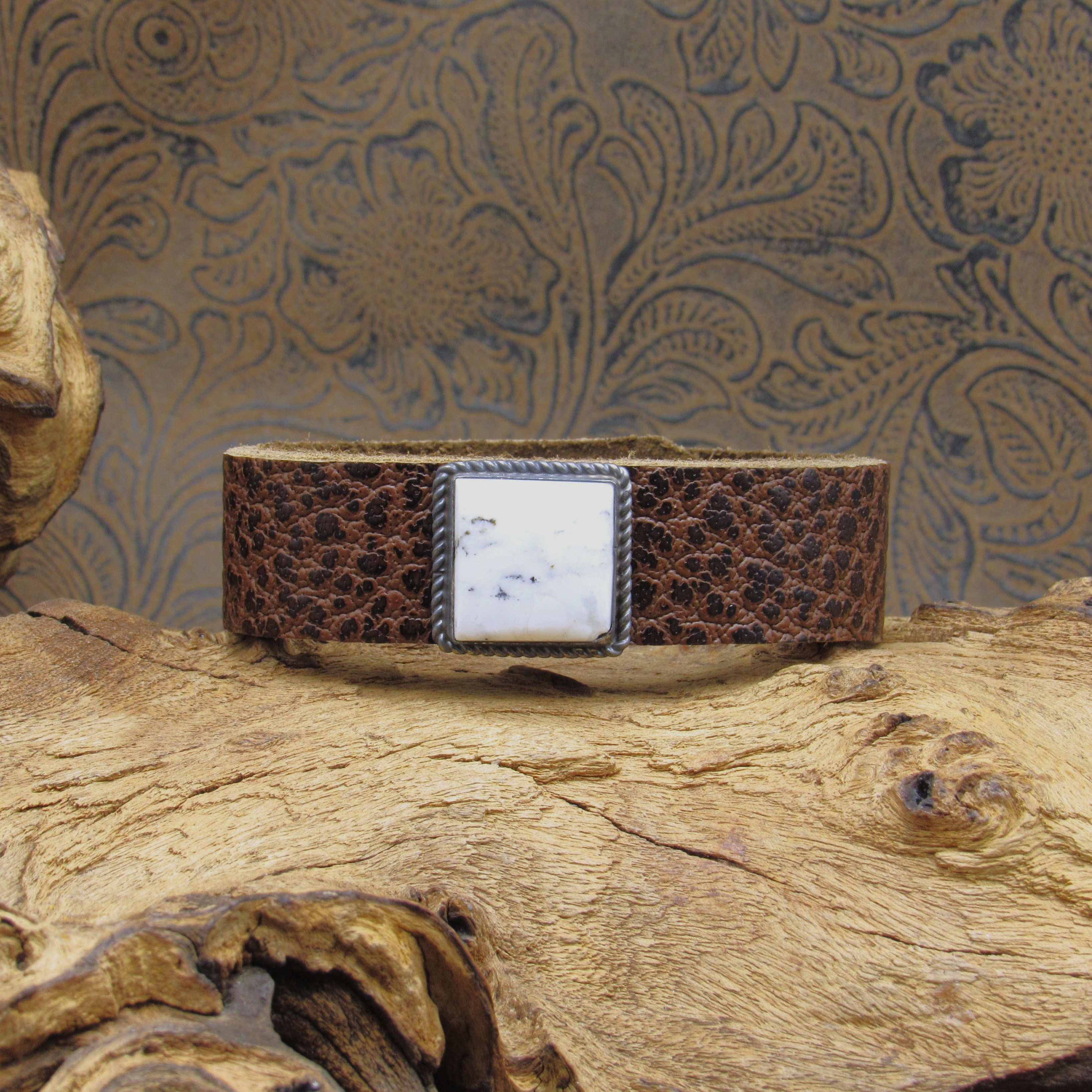 Brown Leather Snap Back Cuff With Square White Buffalo Stone