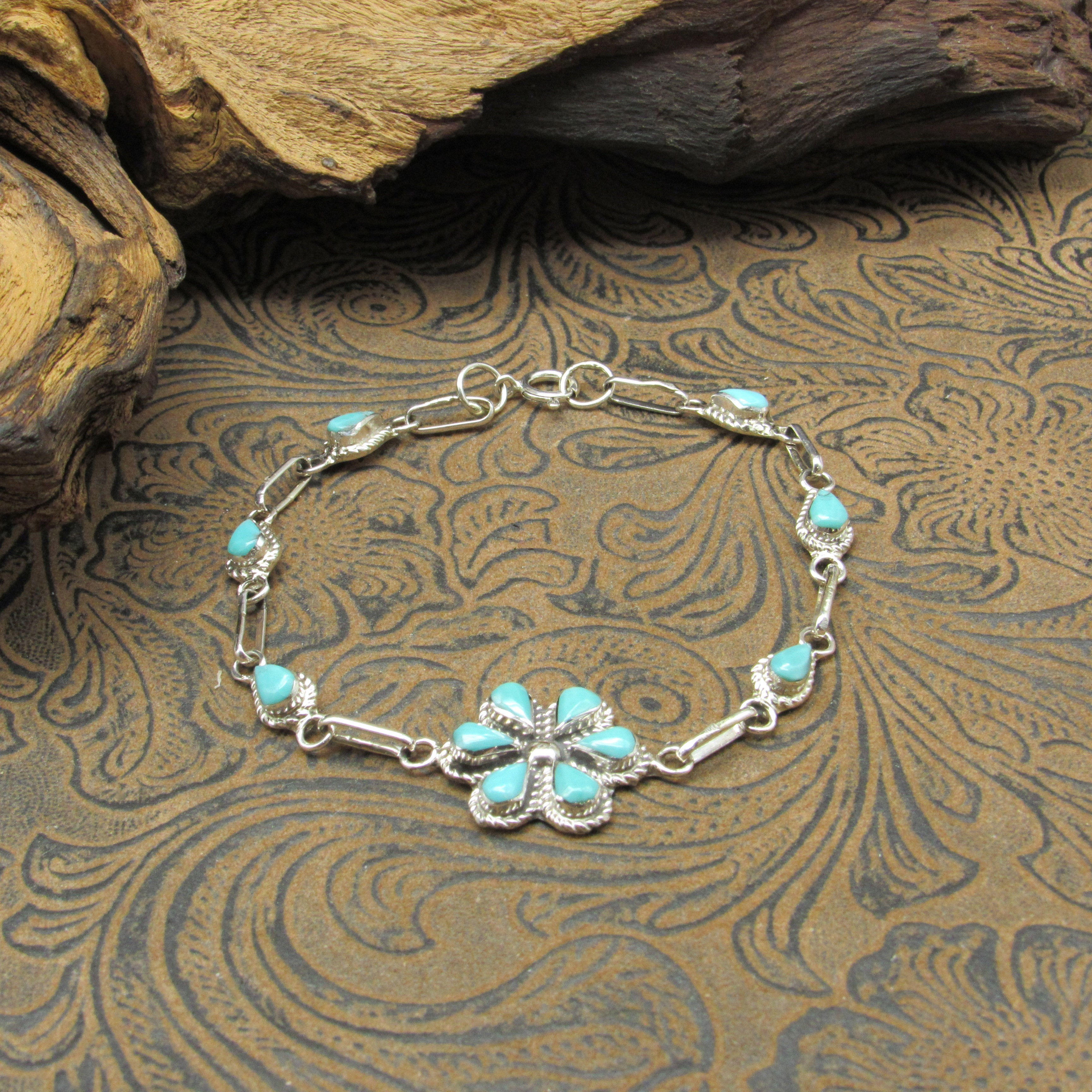 Turquoise and Sterling Silver Flower Link Bracelet by Zuni Gina Dosedo