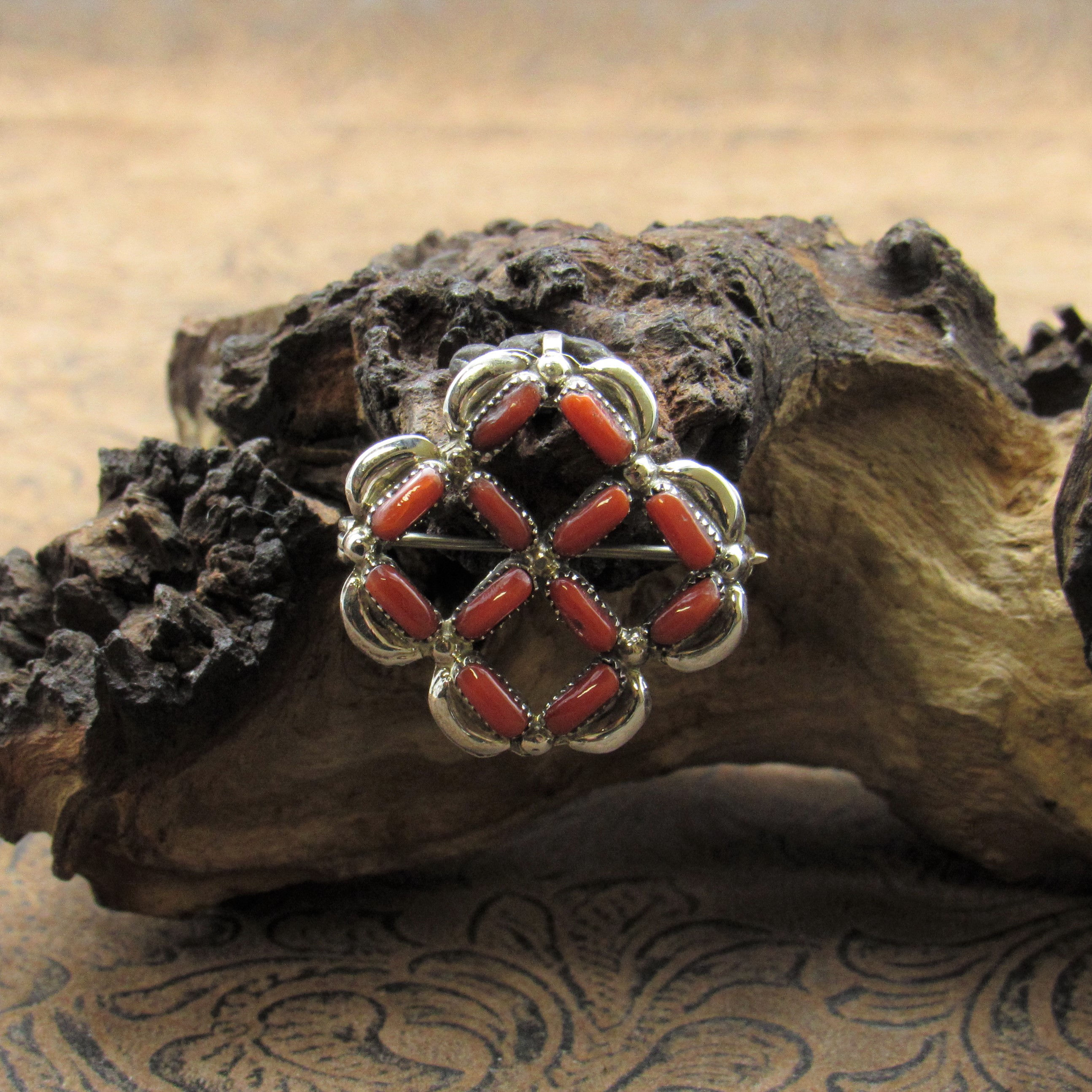 Zuni Sterling Silver Window Pane Design with Coral Pin/Pendant by Monica Kanesta