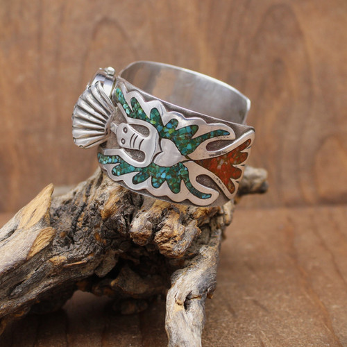 Vintage Sterling Silver Chip Inlay Peyote Bird Watch Cuff by