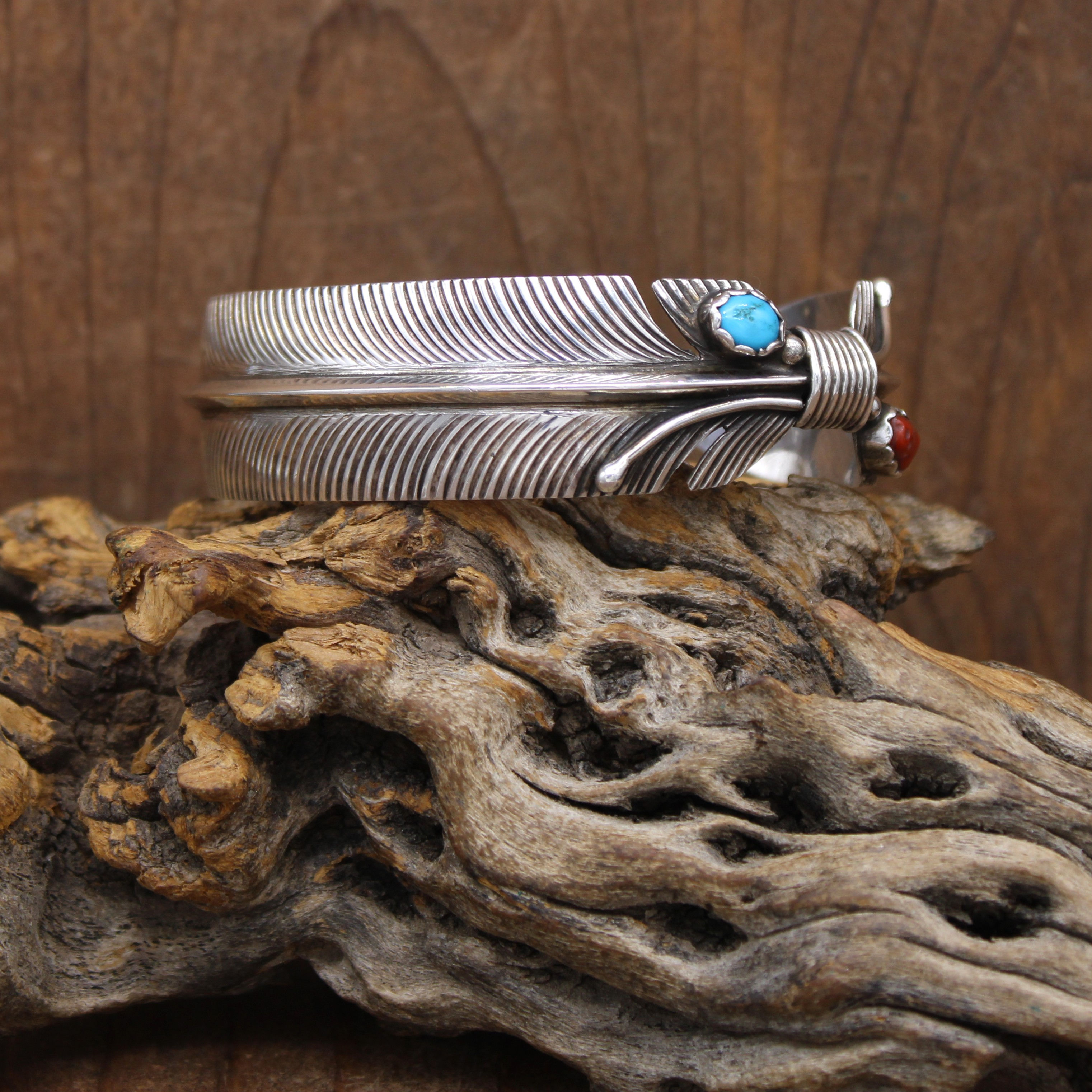 Sterling Silver Turquoise and Coral Feather Cuff Bracelet by Robert Vandover