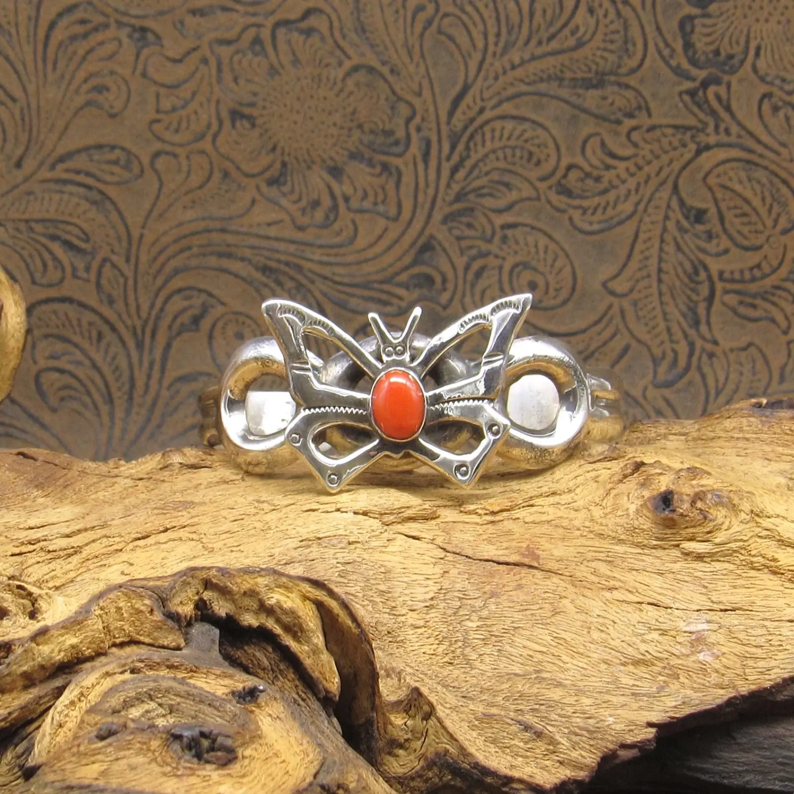 Sandcast Sterling Silver and Coral Butterfly Cuff Bracelet