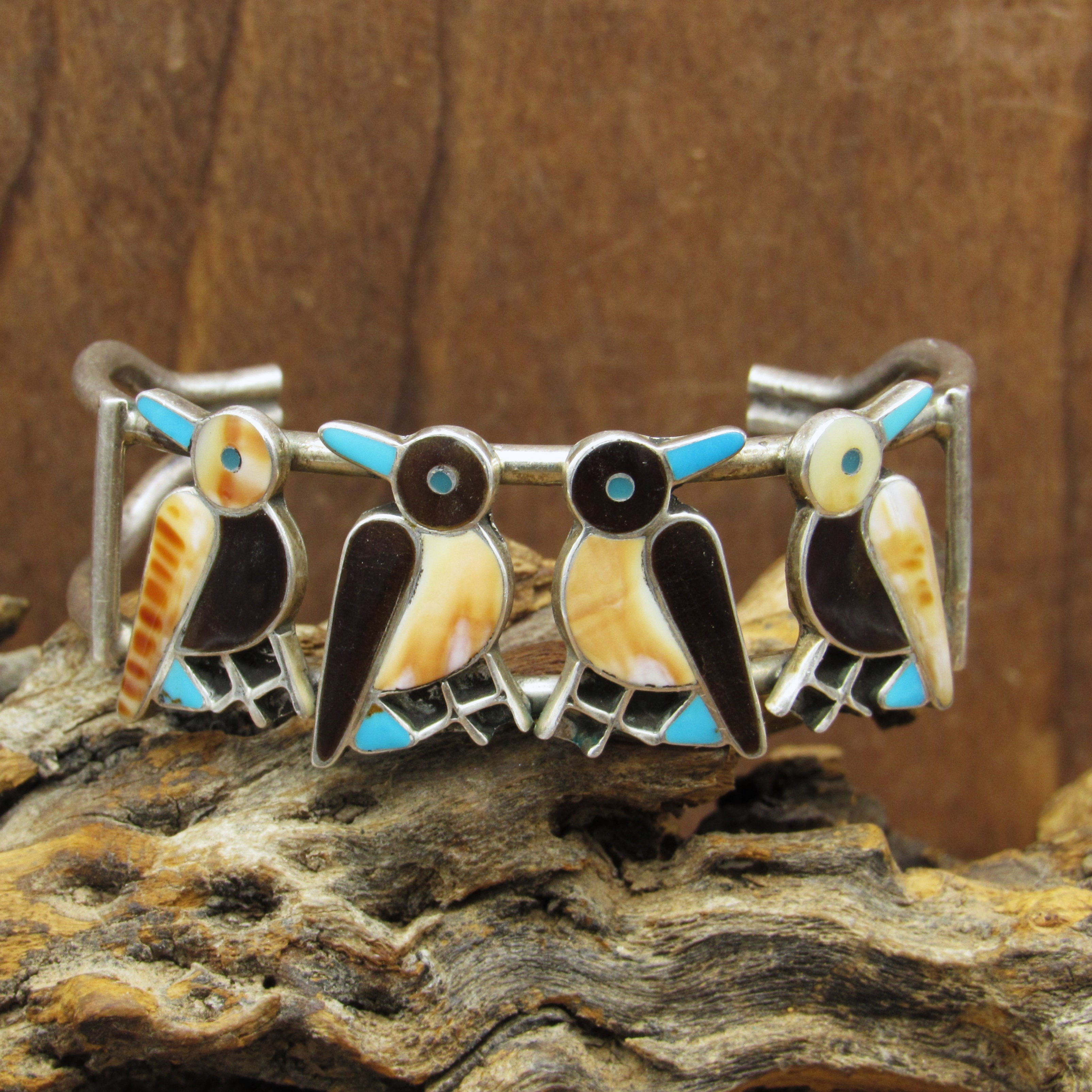 Vintage Sterling Silver Multi-Stone Inlay Four Bird Cuff Bracelet