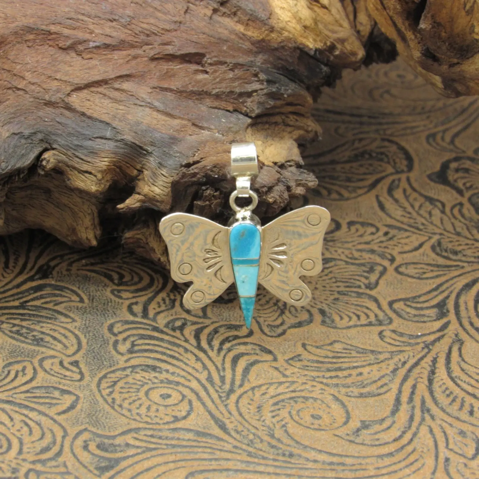 Marilyn Yazzie Turquoise Inlay Sterling Silver Butterfly Pendant