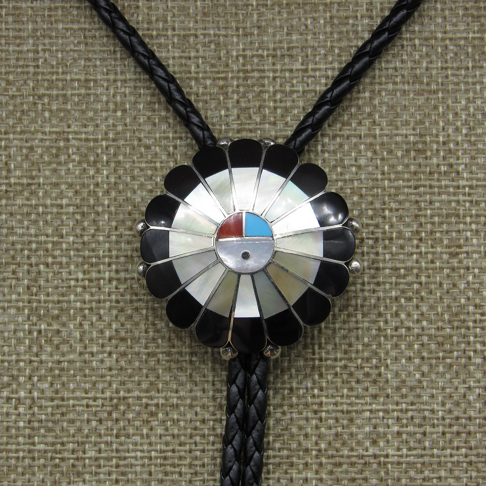 Zuni Sterling Silver Inlay Sunface Bolo Tie By Frederick and Denise Suitza