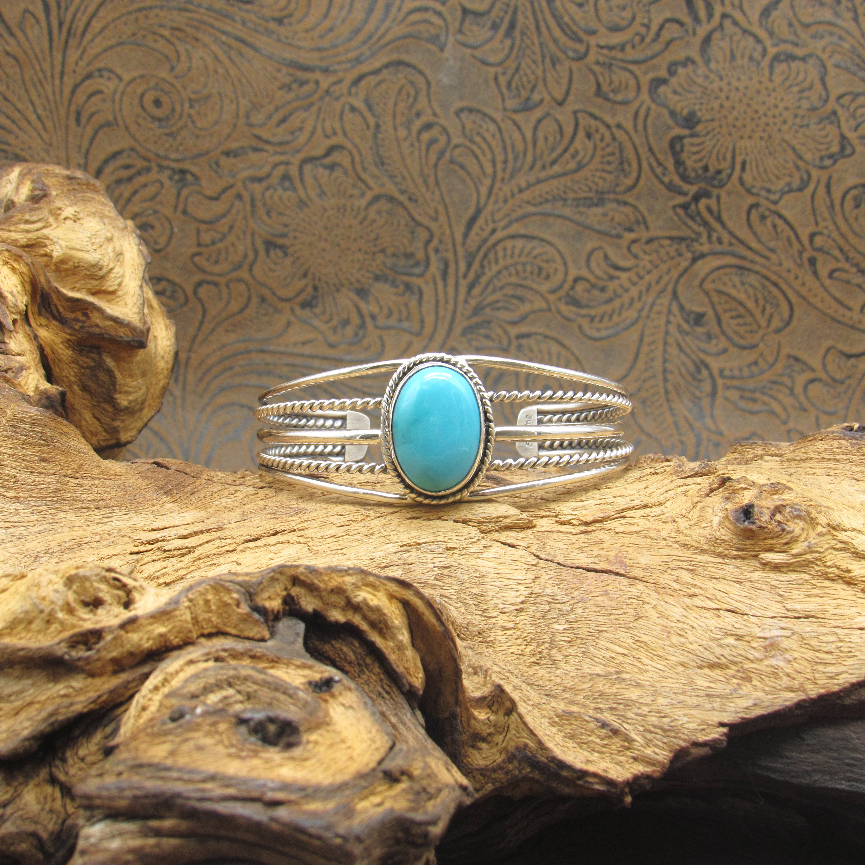 *Oval Blue Turquoise Five Row Cuff Sterling Silver Bracelet