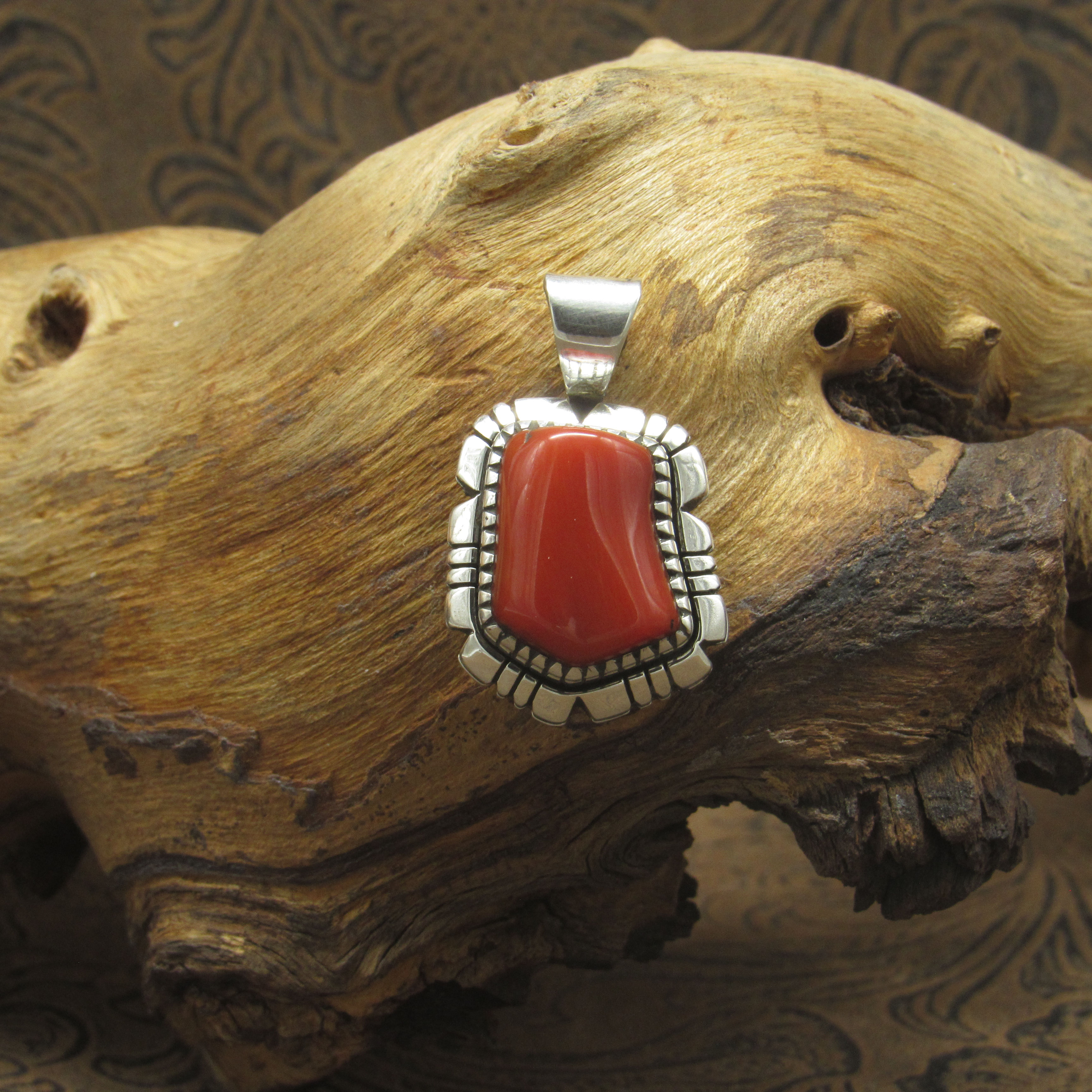 Sterling Silver Chunky Coral Pendant With Silver Cut Out Design