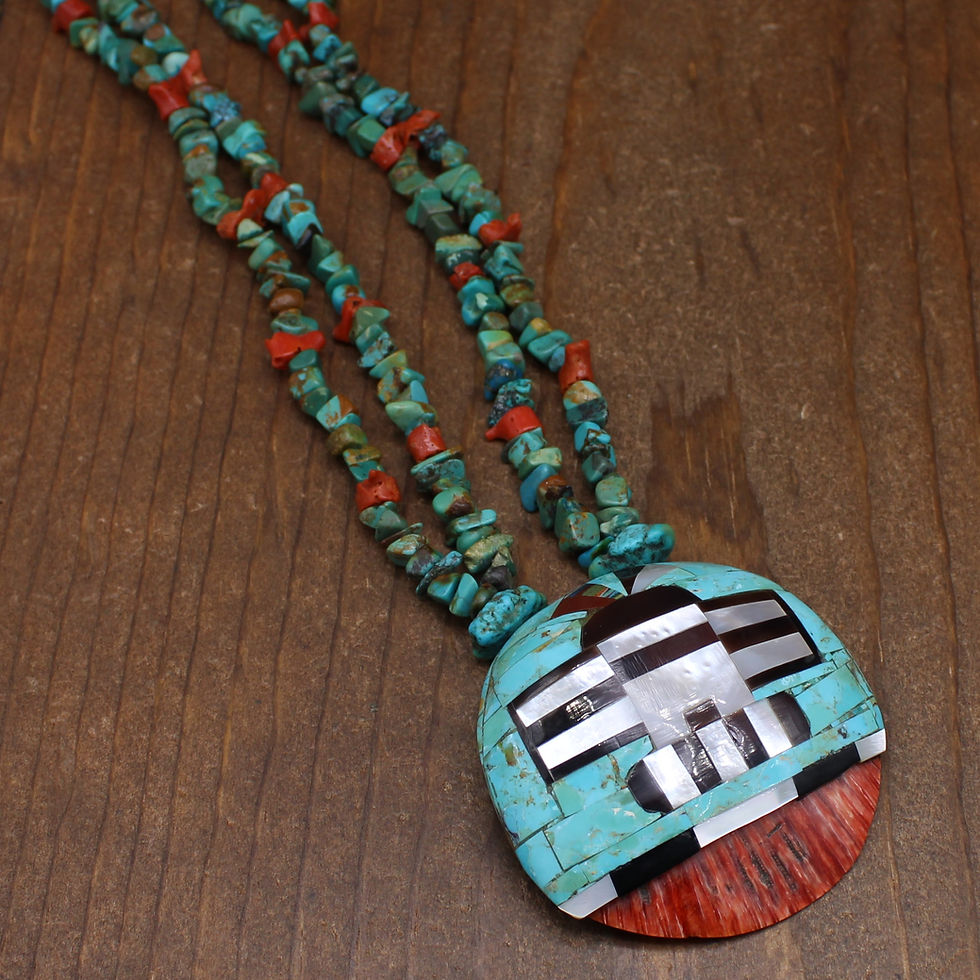 Thumbnail: Santo Domingo Style Overlay on Shell Zuni Rain Priest Kachina Necklace