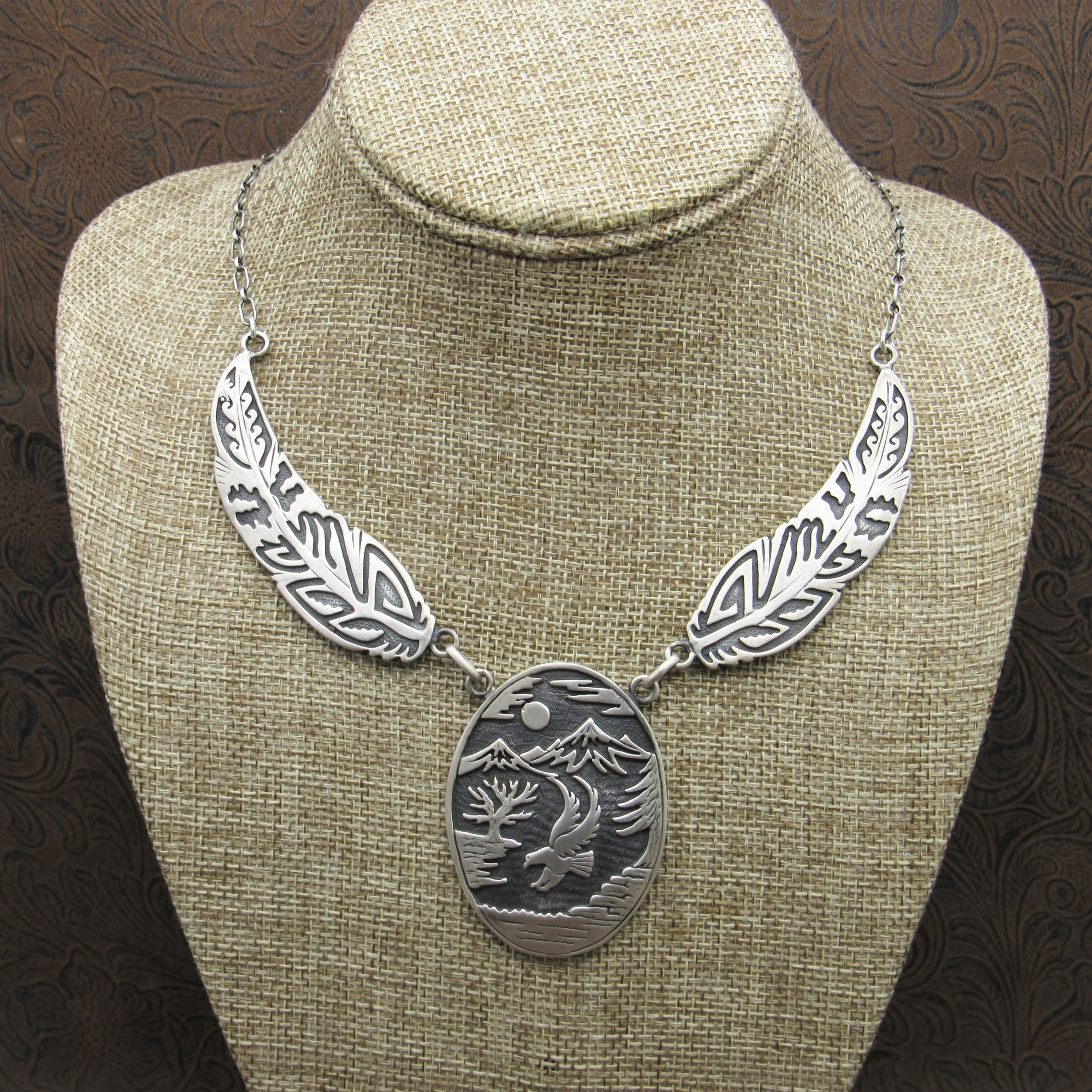 Sterling Silver Eagle and Feathers Necklace