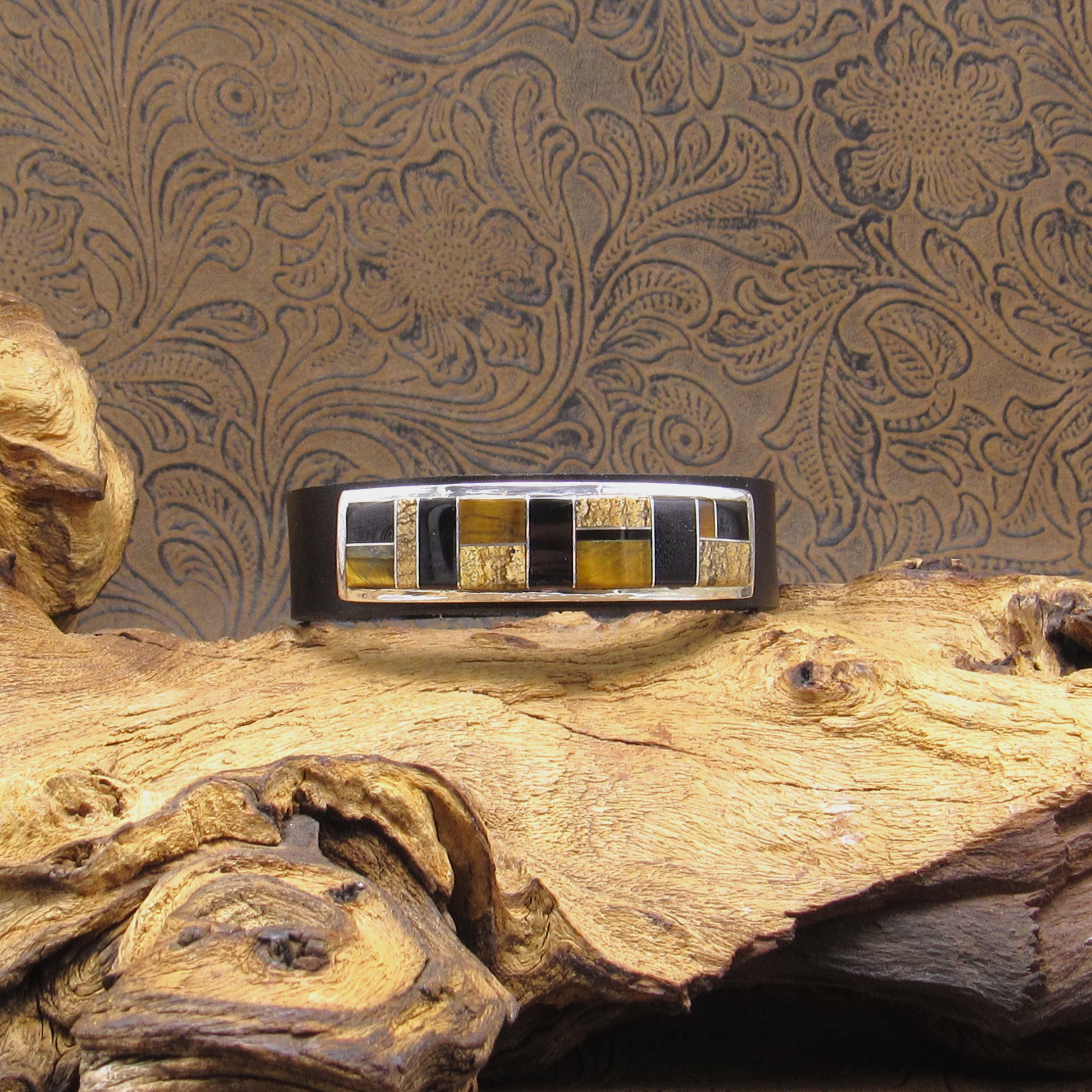 Navajo Sterling Silver and Multi-Stone Inlay Leather Bracelet by Edison Yazzie