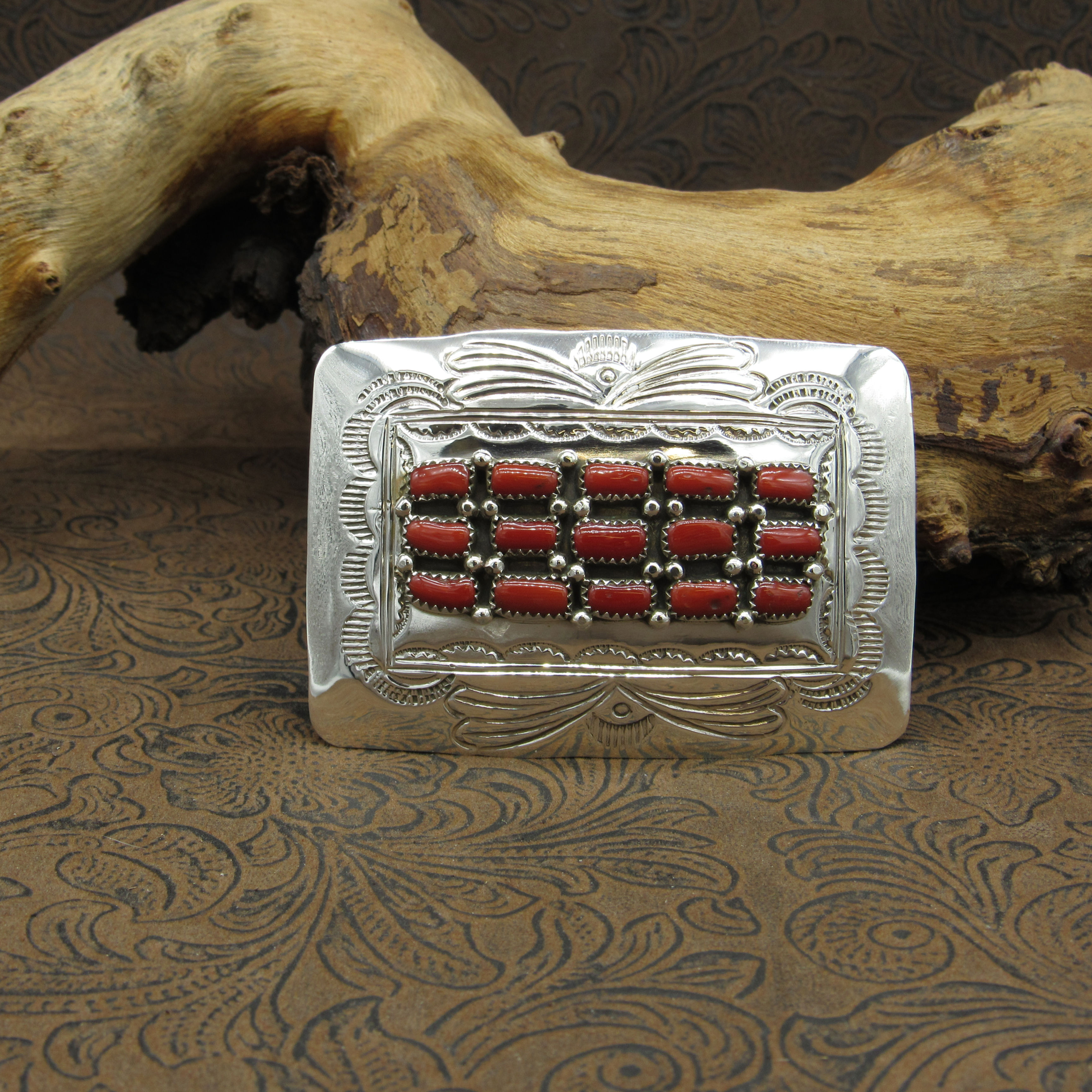 Sterling Silver Rectangle Coral Cluster Belt Buckle