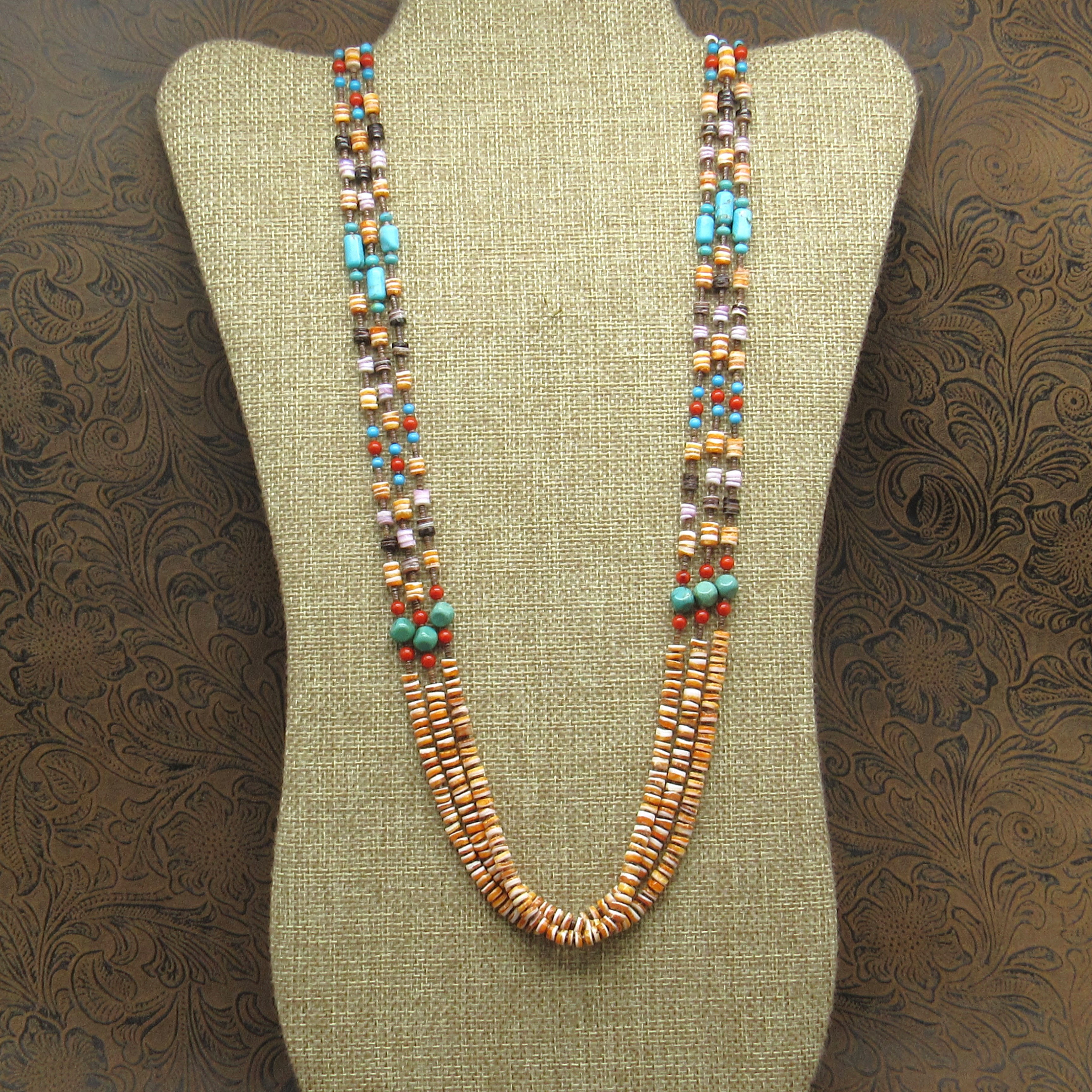 Beautiful Long Pen Shell Heishi Spiny Oyster Turquoise Coral Necklace