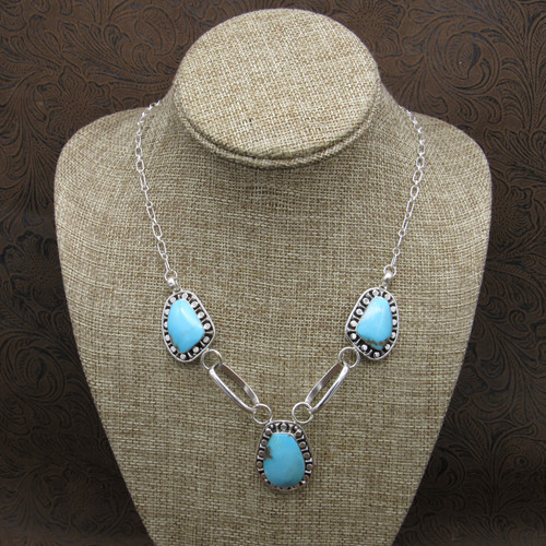 Sterling Silver and Three Turquoise Necklace by Running Bear Shop Mac